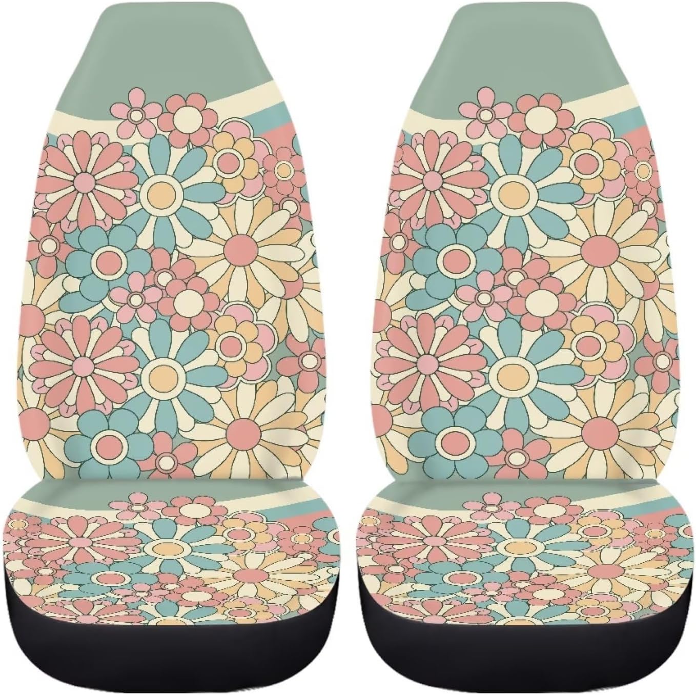 Abstract 70S Groovy Flower Auto Seat Cover Set for Women,Green Swirl Wavy Auto Front Seat Cushion Protective Accessories,Universal Fit All Cars Vehicle SUV,Dust Proof Washable Seat Pads