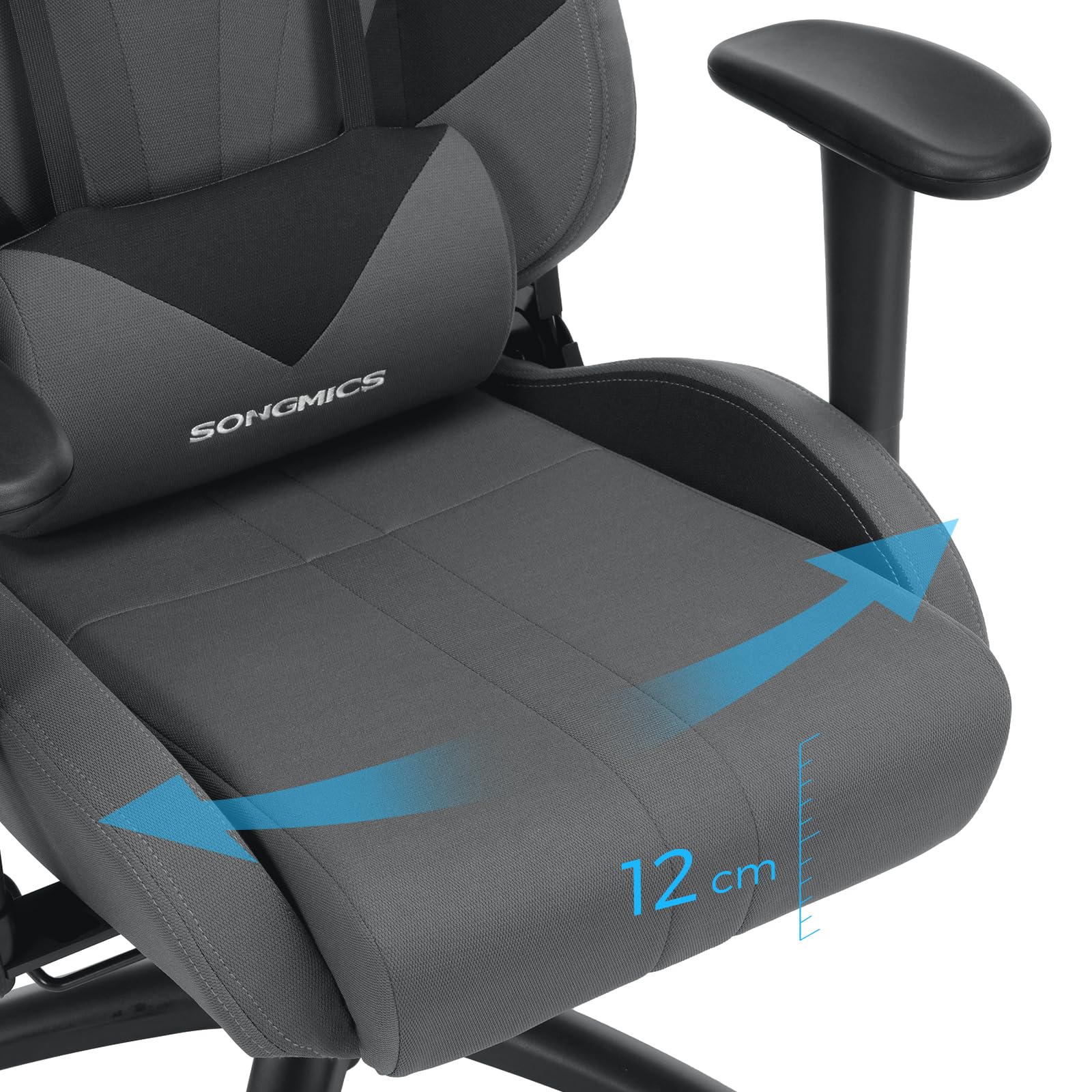 Songmics Bürostuhl Gaming Stuhl Chefsessel ergonomisch mit Verstellbare Armlehnen, Kopfkissen Lendenkissen 66 x 72 x 124-132 cm Grau-Schwarz RCG13G