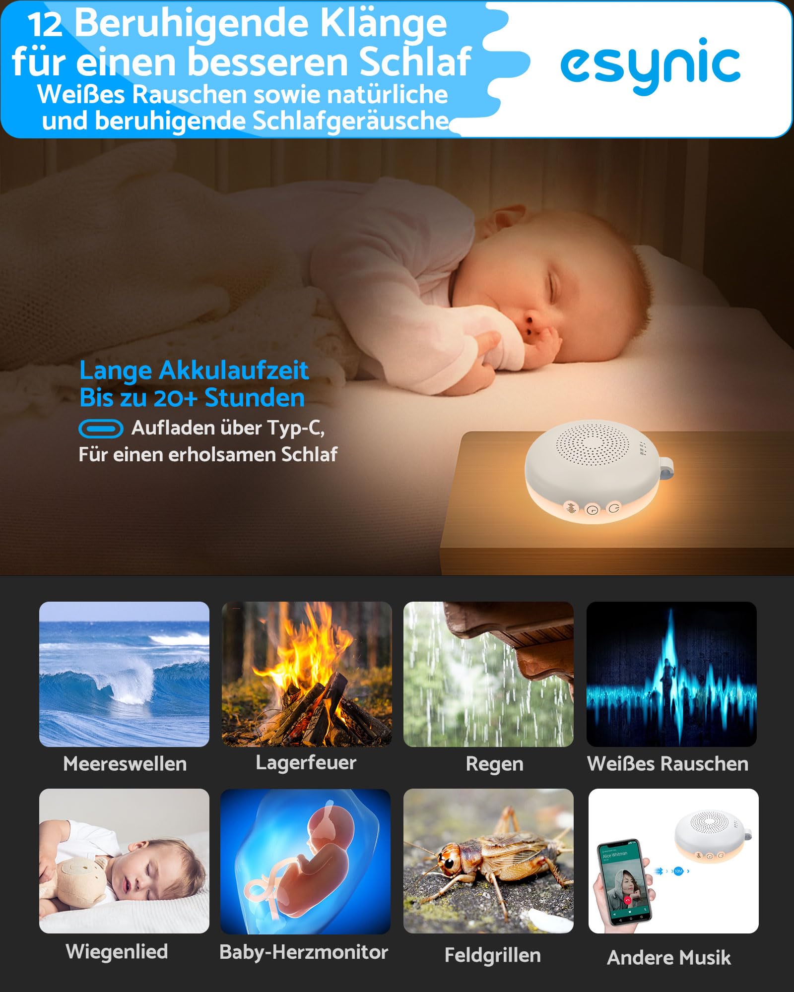 eSynic Weißes rauschen Baby Einschlafhilfe Baby & Erwachsene Tragbare White Noise Machine mit Nachtlicht Mini Sound Machine 12 Beruhigende Geräusche Timer & Akku für Schlafzimmer & Reise Hellbeige