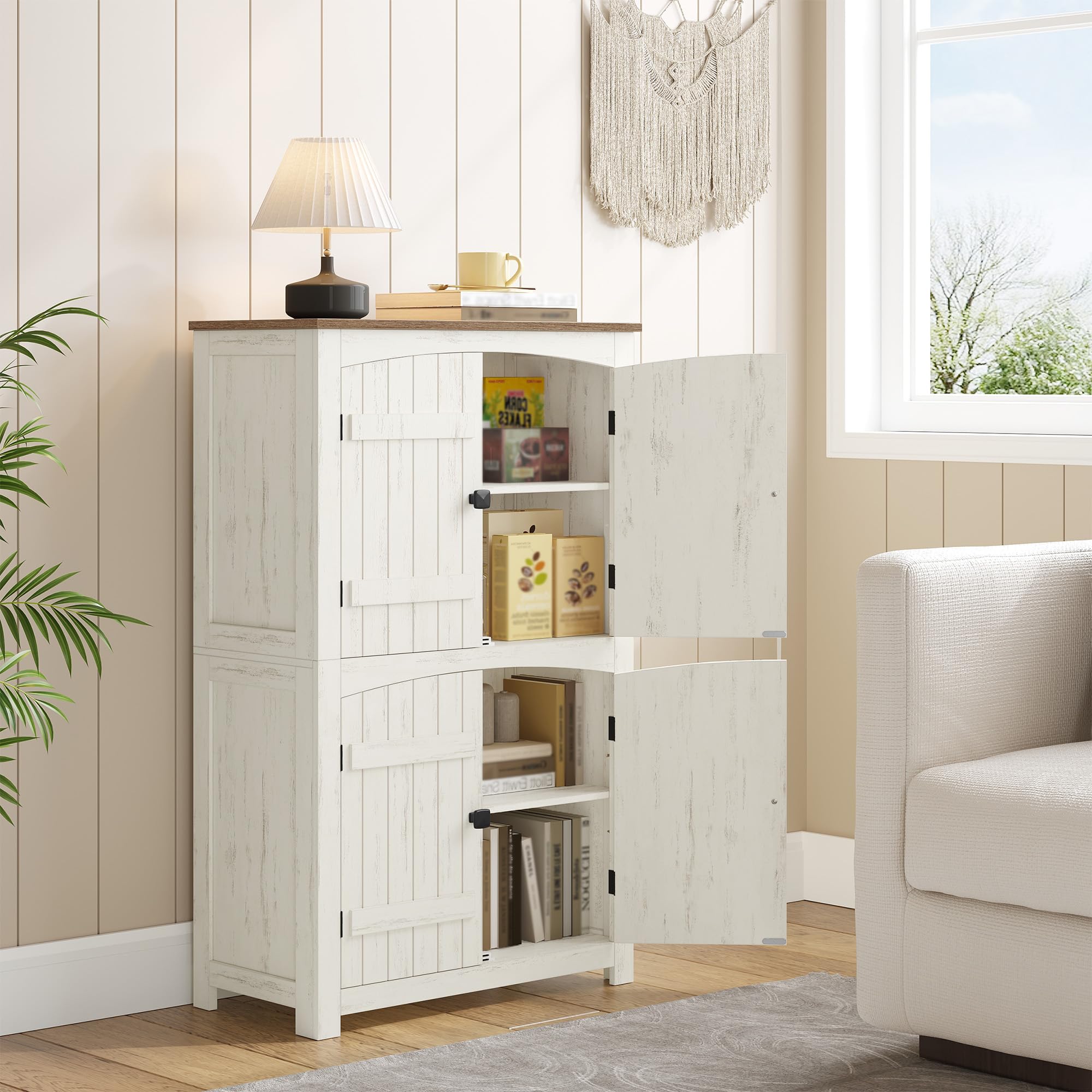 HEXCELEN Armoire de Rangement avec Portes de Grange, Style Ferme, Buffet Haut, avec 4 Portes, Meuble de Rangement, Étagères Réglables, Marron Rustique et Blanc, 30 x 60 x 110 cm