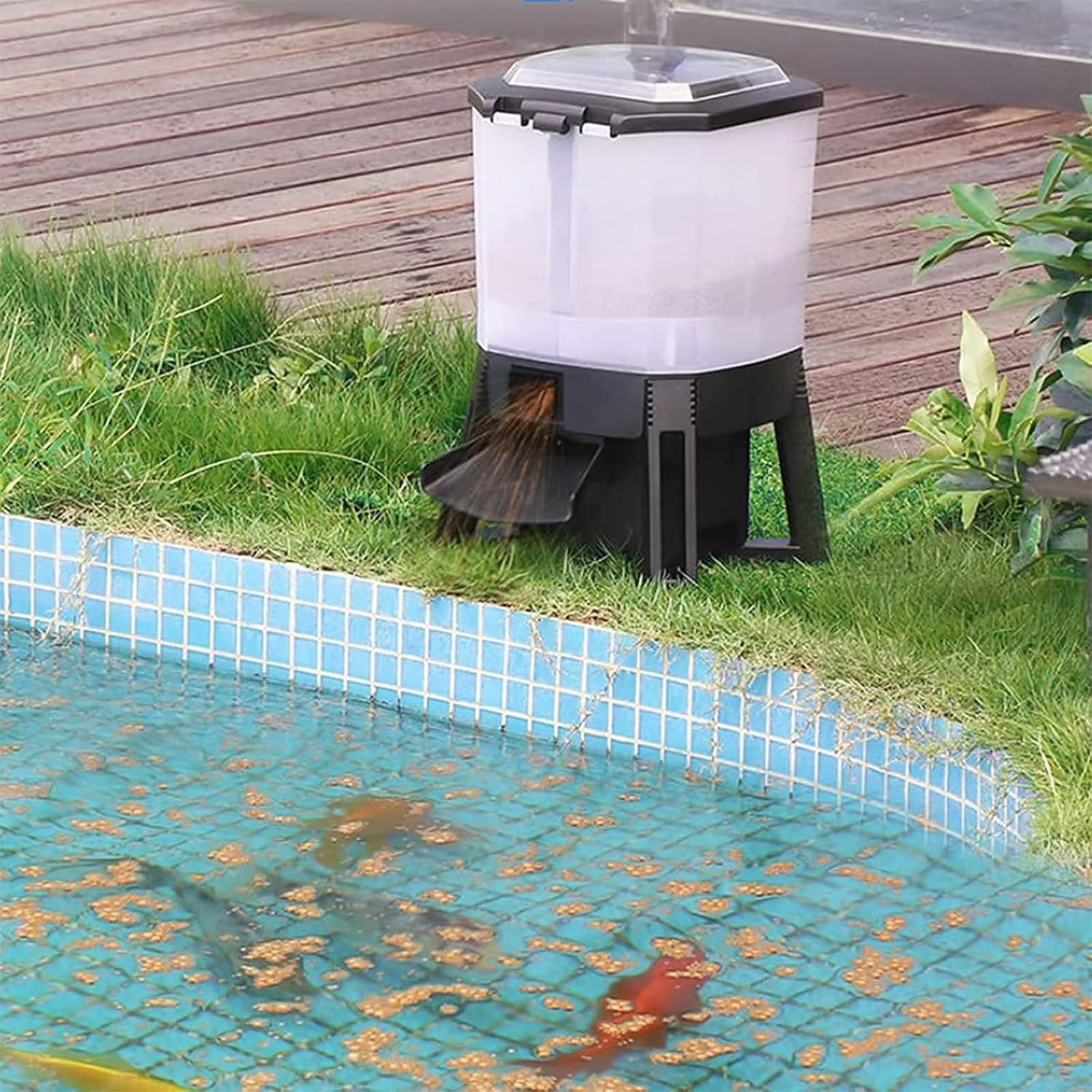 Distributore elettrico per mangime per pesci, 6 l, automatico, con design di alimentazione a 120°, distanza regolabile e timer, per particelle di cibo per pesci da 3-10 mm