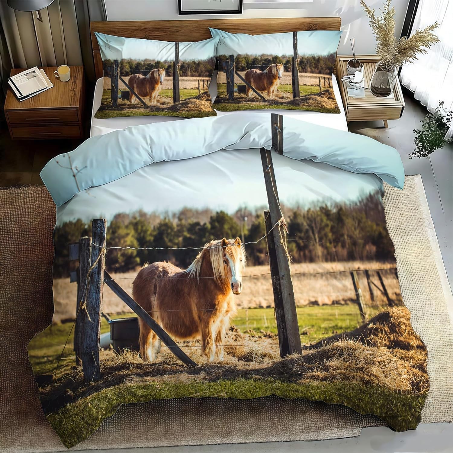 3-częściowy komplet pościeli 200 x 200 cm, z nadrukiem 3D, kucyk, miękka, przytulna, z mikrofibry, z zamkiem błyskawicznym i 2 poszewkami na poduszkę 80 x 80 cm, C/1253