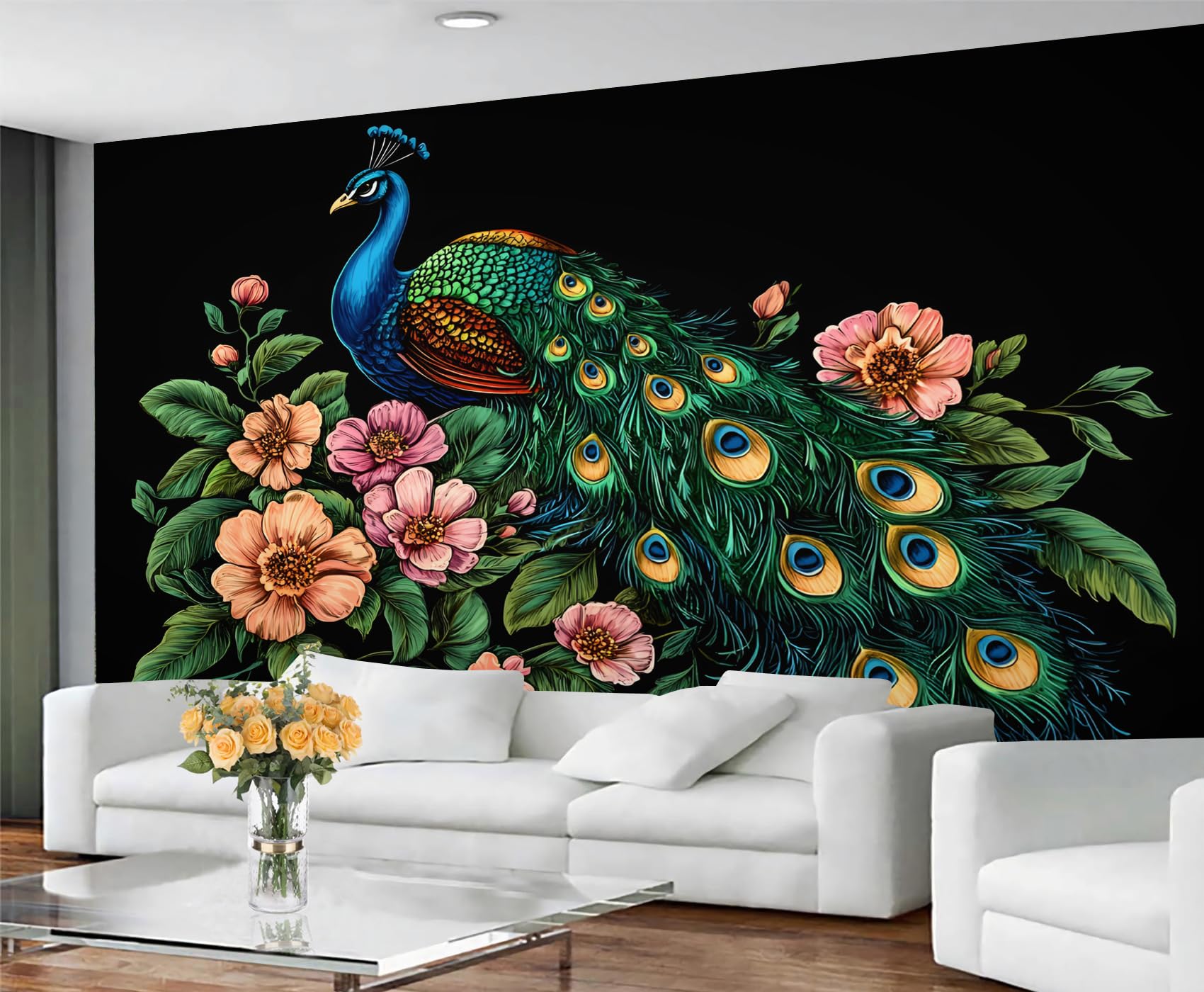 GIVLWF Retro Peacock Wallpaper, Peacock Feather Self Adhesive Wallpaper for Living Room, Beautiful Animal Wall Paper for Bedroom, Watercolor Bird Wall Mural, Oriental Large Mural & Room Decor