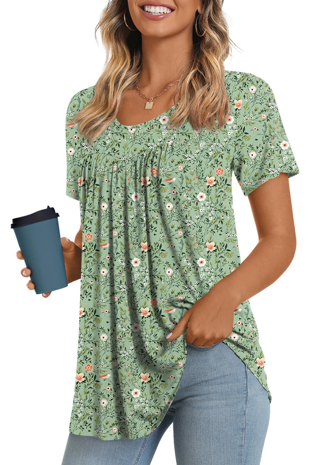 LONGYUAN Womens Tunic Tops 2025 Short Sleeve Shirts Summer Casual Tee Comfy Blouses S-4XL