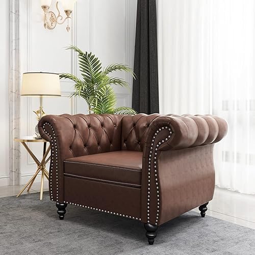 Miniatura 7 de AVZEAR Sofá Chesterfield de 84 pulgadas, 3 plazas, sofá clásico de cuero PU con brazos curvos y respaldo con botones capitoné, canapé tapizado