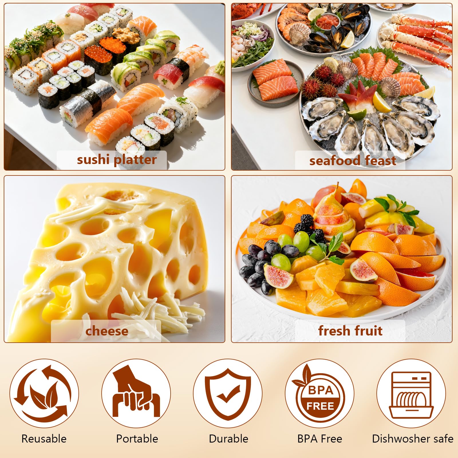 Bandejas grandes para servir frías con tapa y asa, platos portátiles de 5 compartimentos para aperitivos, fiestas, bufés, barbacoas, catering, eventos al aire libre, ensaladas y mariscos