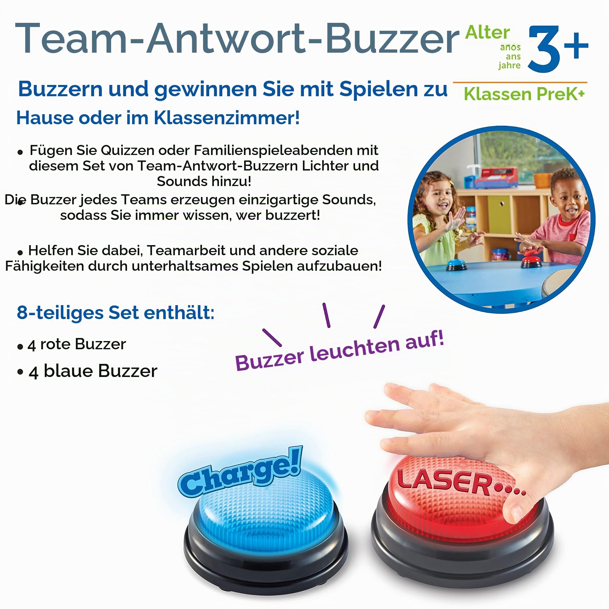 Learning Resources Antwort-Buzzer Set für Kinder, ab 3 Jahren, 8 Quiz-Buzzer mit 2 Geräuschen, rot & blau, fördert Teamarbeit & soziale Fähigkeiten, ideal für Schule & Zuhause