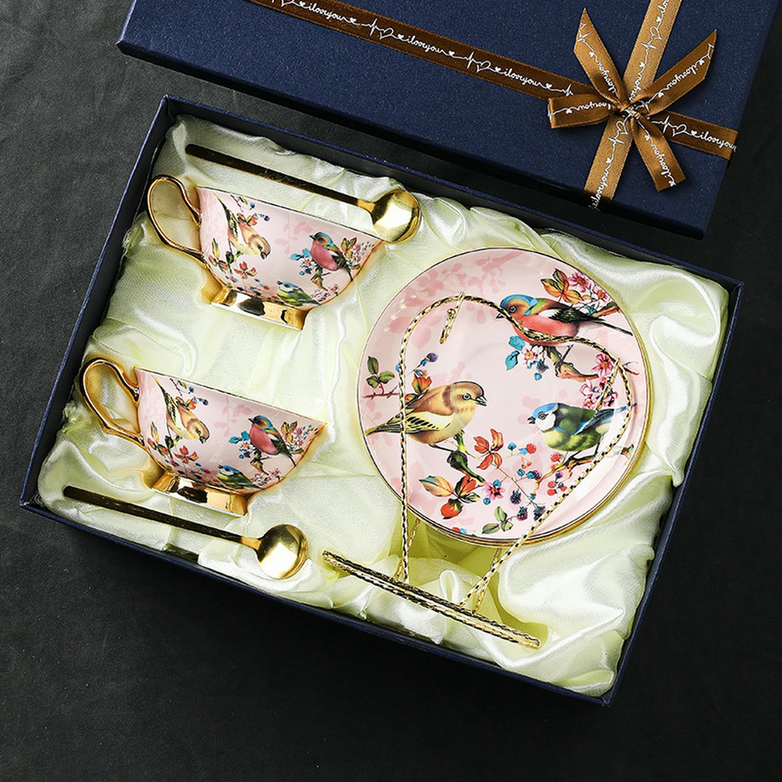 Kreatywny i spersonalizowany zestaw filiżanek do kawy, porcelana kostna popołudniowa herbata domowa filiżanka do herbaty - różowy ptak 2 filiżanki 2 talerze 2 łyżki 1 uchwyt na kubek pudełko