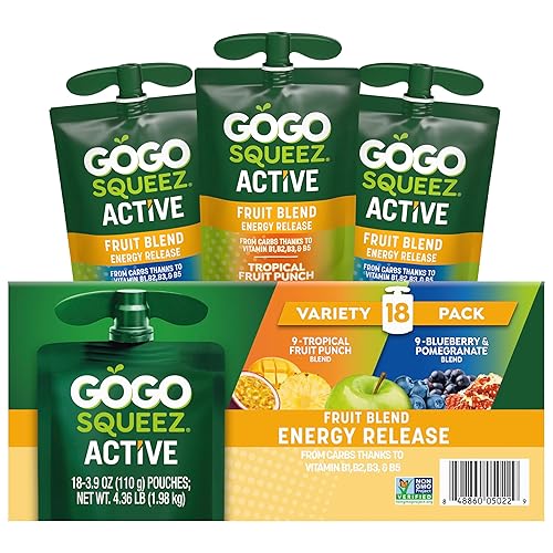 GoGo squeeZ Active Fruit Blend Energy Release|18-Count Variety Pack|Tropical Fruit Punch and Blueberry & Pomegranate|Made with Real Fruit and B Vitamins - Active Energy Release