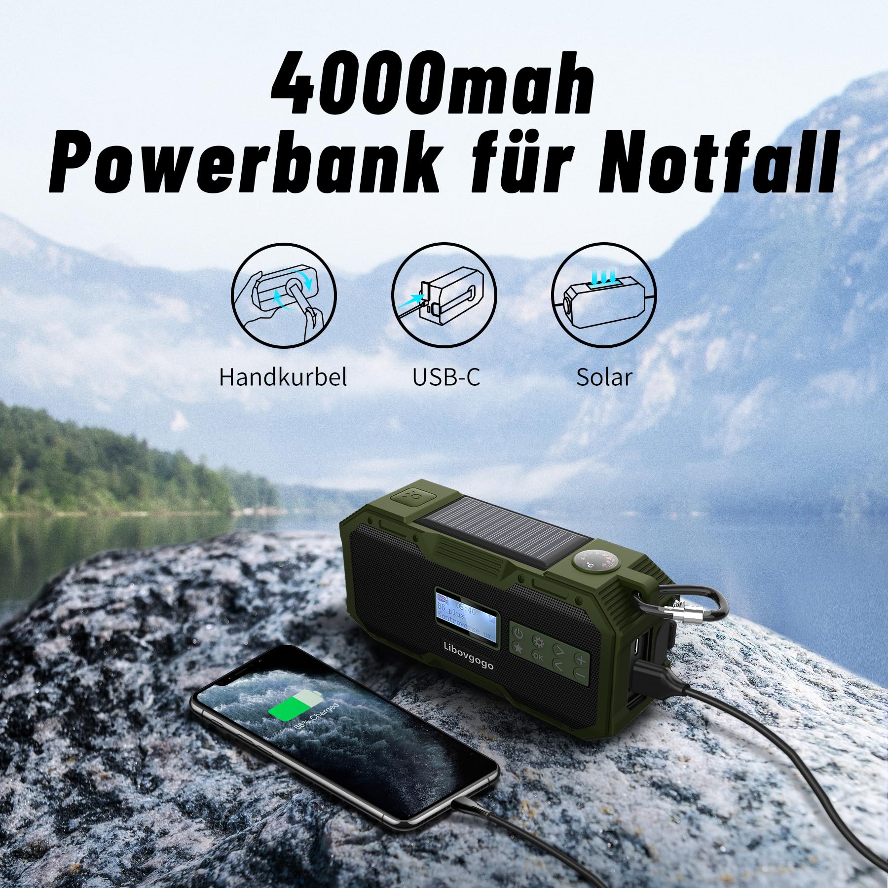 Libovgogo DF-587D Radio portátil DAB+ FM con altavoz Bluetooth impermeable, radio de manivela con función de carga de teléfono solar, batería externa de 5000 mAh, linterna, luz estroboscópica, luz de