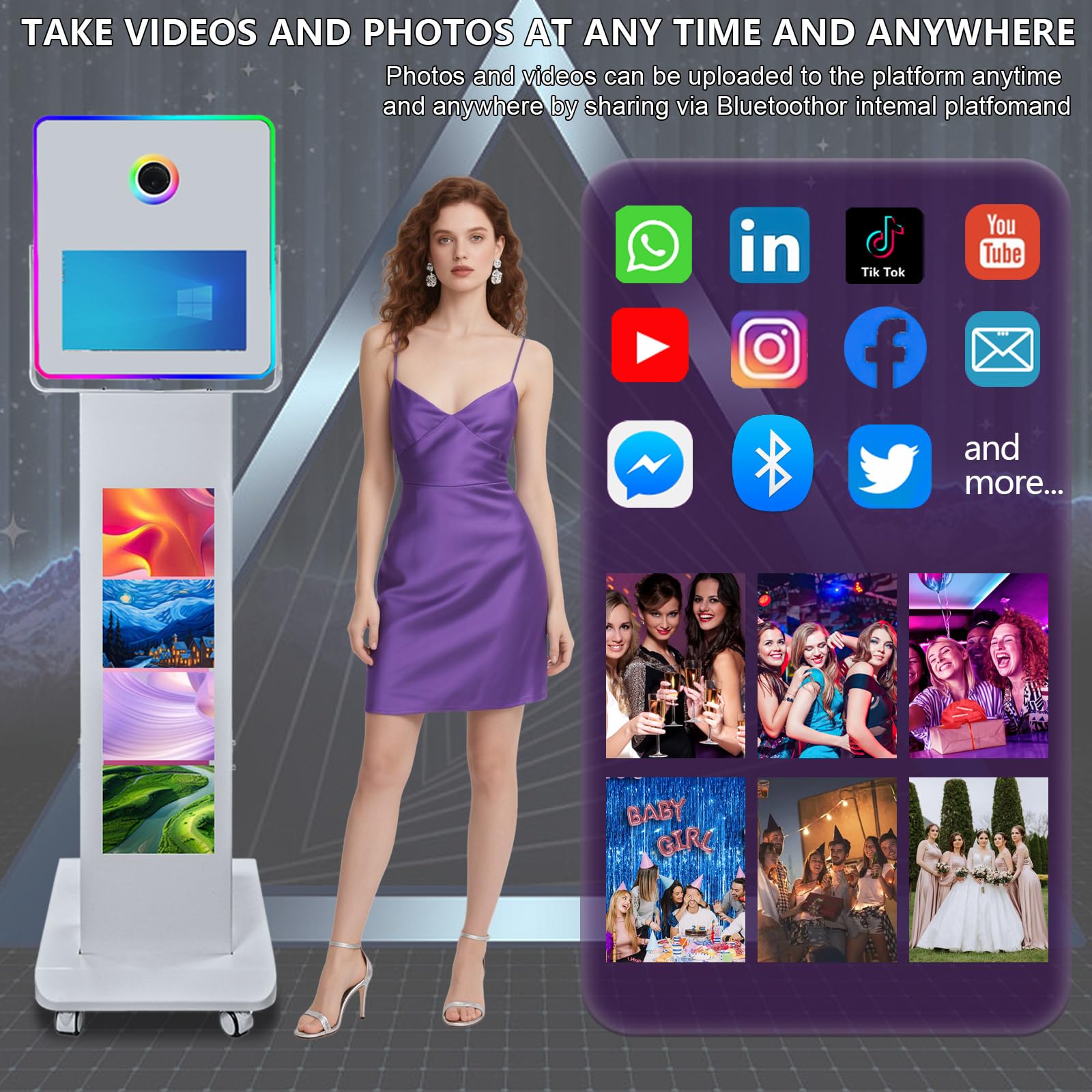 Cabina fotografica portatile con schermo touch screen LCD da 15,6 e 29 pollici, per selfie, per eventi, feste di nozze, noleggio, Natale, custodia per volo (macchina + mini stampante)