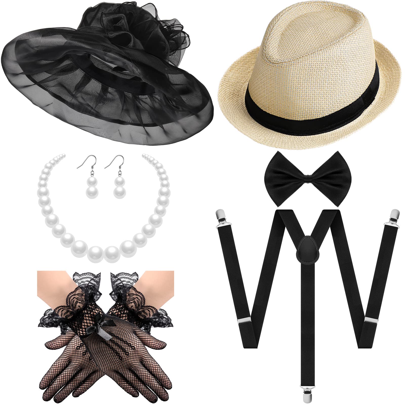 Tisancy 7 Pcs 1920s Flapper Accessories for Men and Women, Include Men's Gatsby Accessories, Panama Hat, Bow Tie, Suspenders, Women's Church Derby Hats, Tea Party Gloves Pearl Necklace and Earring