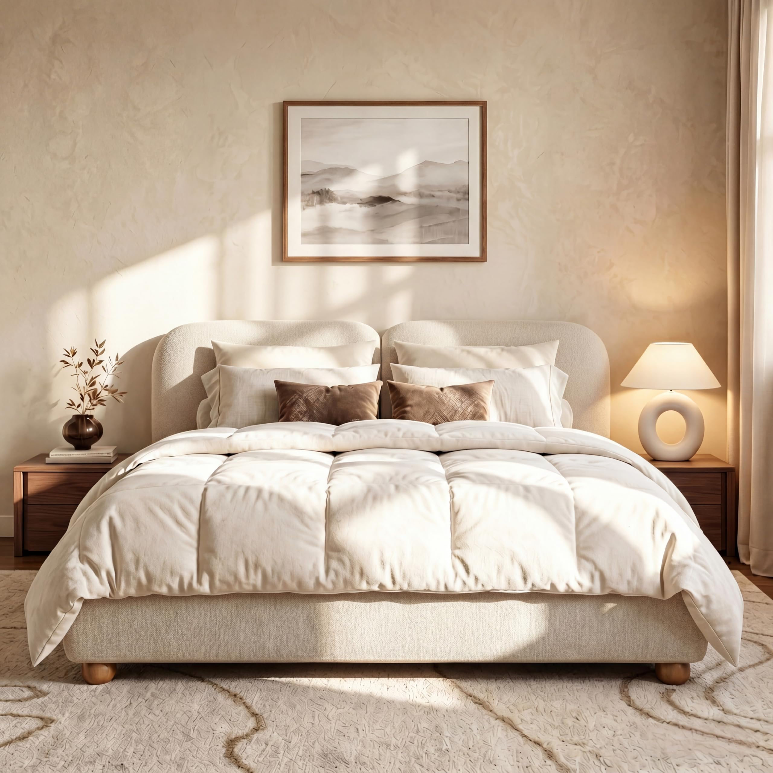 Photo 1 of Christopher Knight Home King Size Upholstered Platform Bed Frame Boucle Fabric Bed with Thick Curved Headboard Low Profile Design and Solid Wood Legs for Bedroom, Taupe