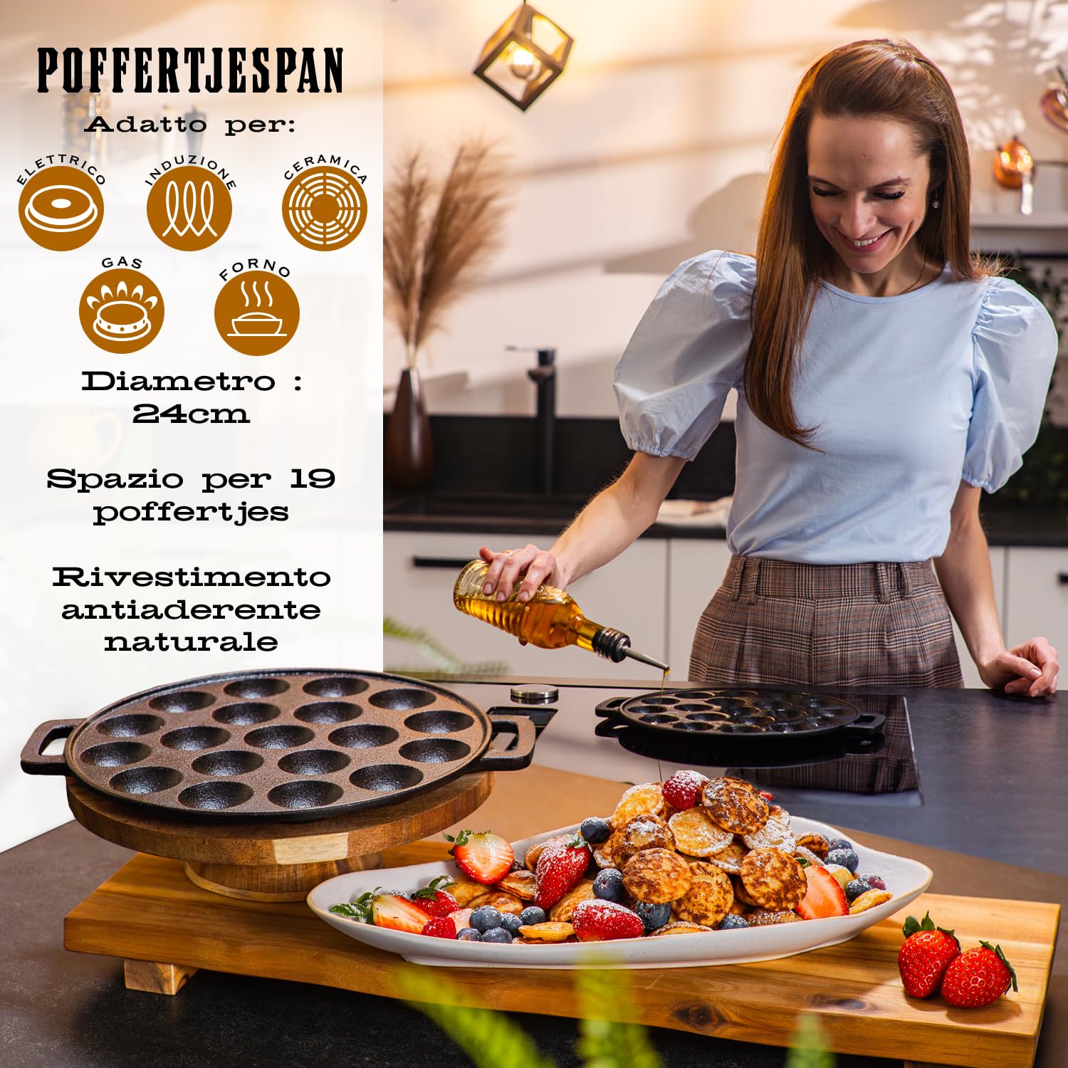 IRONO Padella per Poffertjes in Ghisa - Padella Pancake - 19 Mini Pancakes - Piastra Crepes