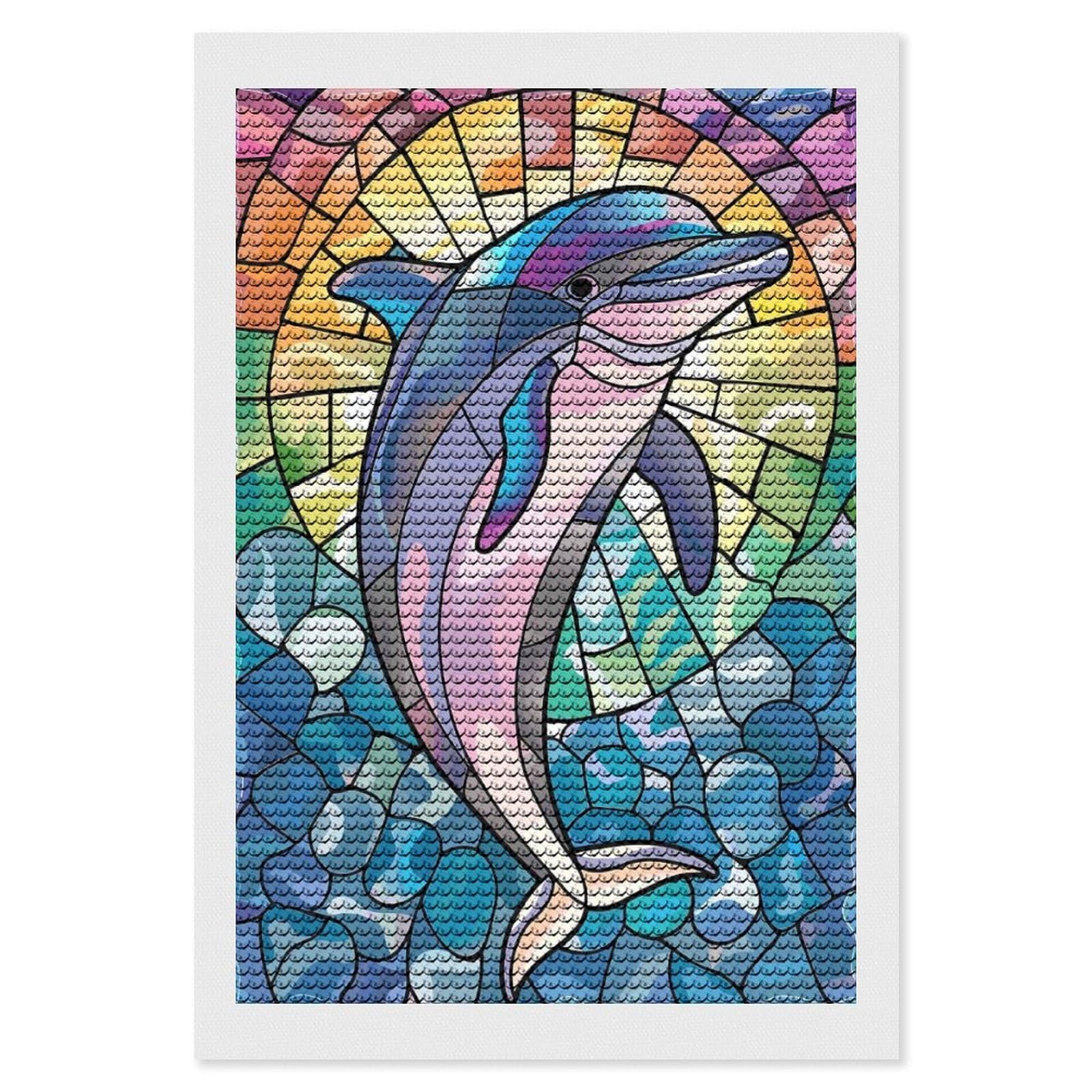 Junmoney Stained Glass Dolphin in Waves DIY Diamond Art Canvas Kit 8"x12", Farmhouse Decor, Vintage Style Decor, Handmade Wall Decor, Canvas Picture