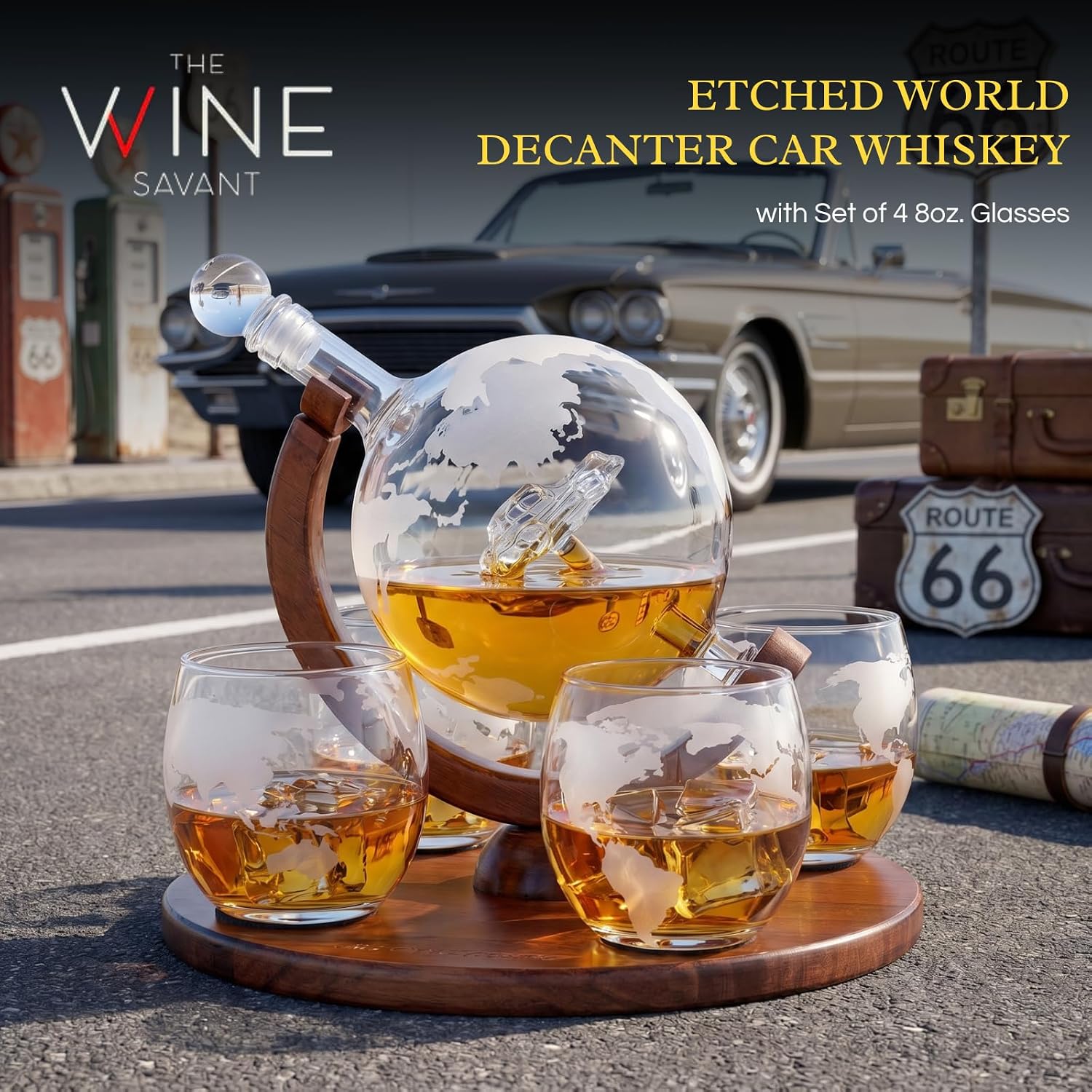 Etched World Decanter Car Whiskey Globe With 4 World Map Glasses - The Wine Savant Whiskey Gift Set Globe Decanter with Antique Car, Whiskey Great Gift Alcohol Related Gift 750ml Decanter 8 Oz glasses image 2