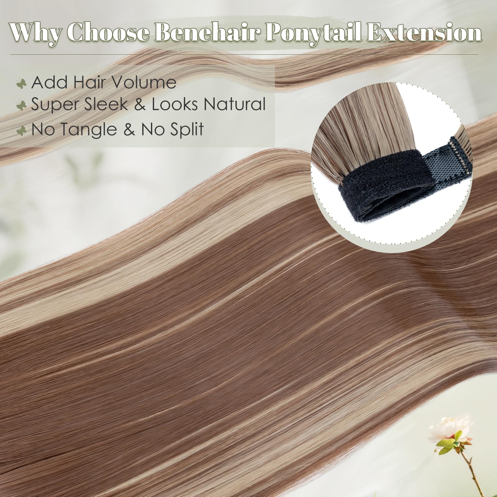 Benehair 28 Inches Straight Ponytail Extension Long Wrap Around Drawstring Ponytail Synthetic Hair Extension Ponytail Brown Mix Ash Blonde Hair Pieces for Women(Brown Mix Ash Blonde - Image 4