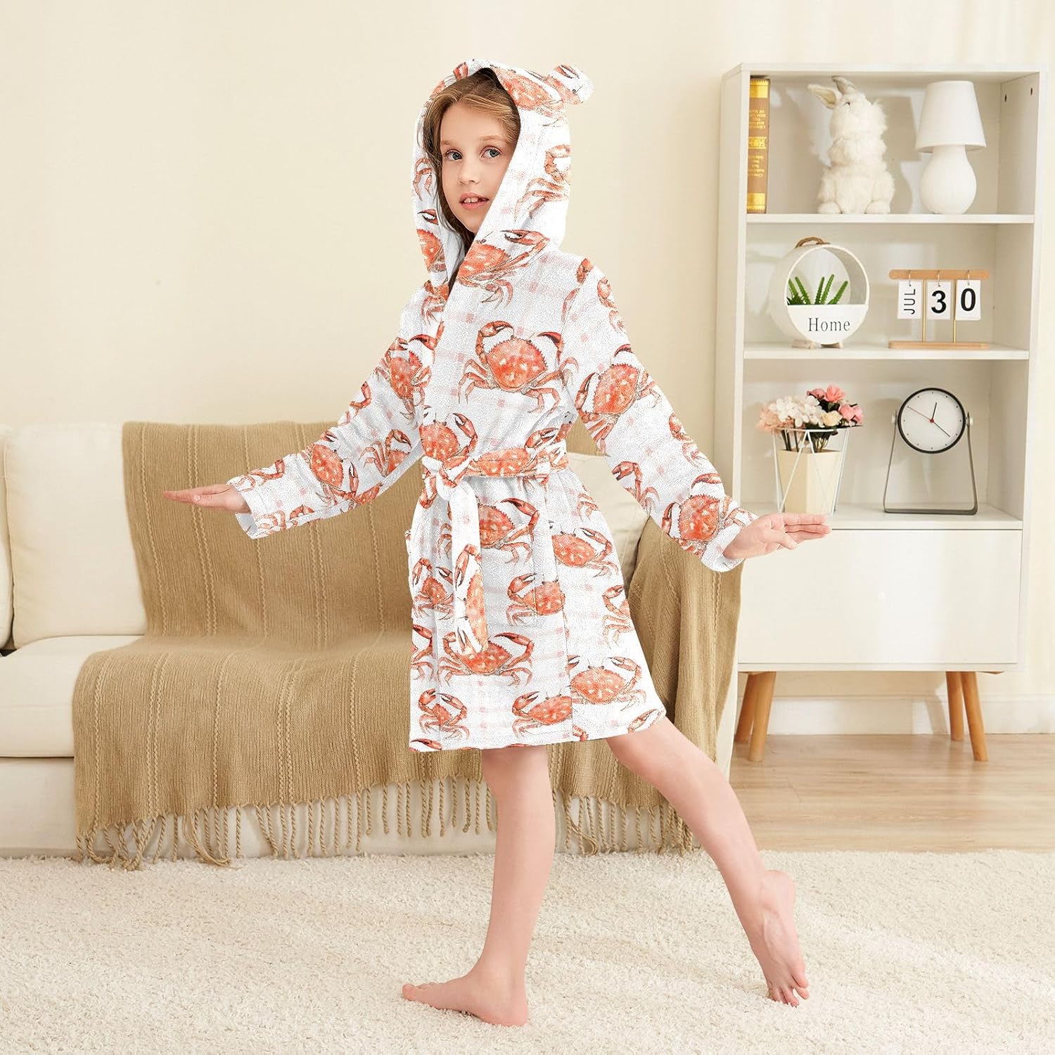 Crab Checked Pattern Toddler Hooded Bathrobe for Boys Girls Soft Plush Bath Towel Robe 2-12 Years
