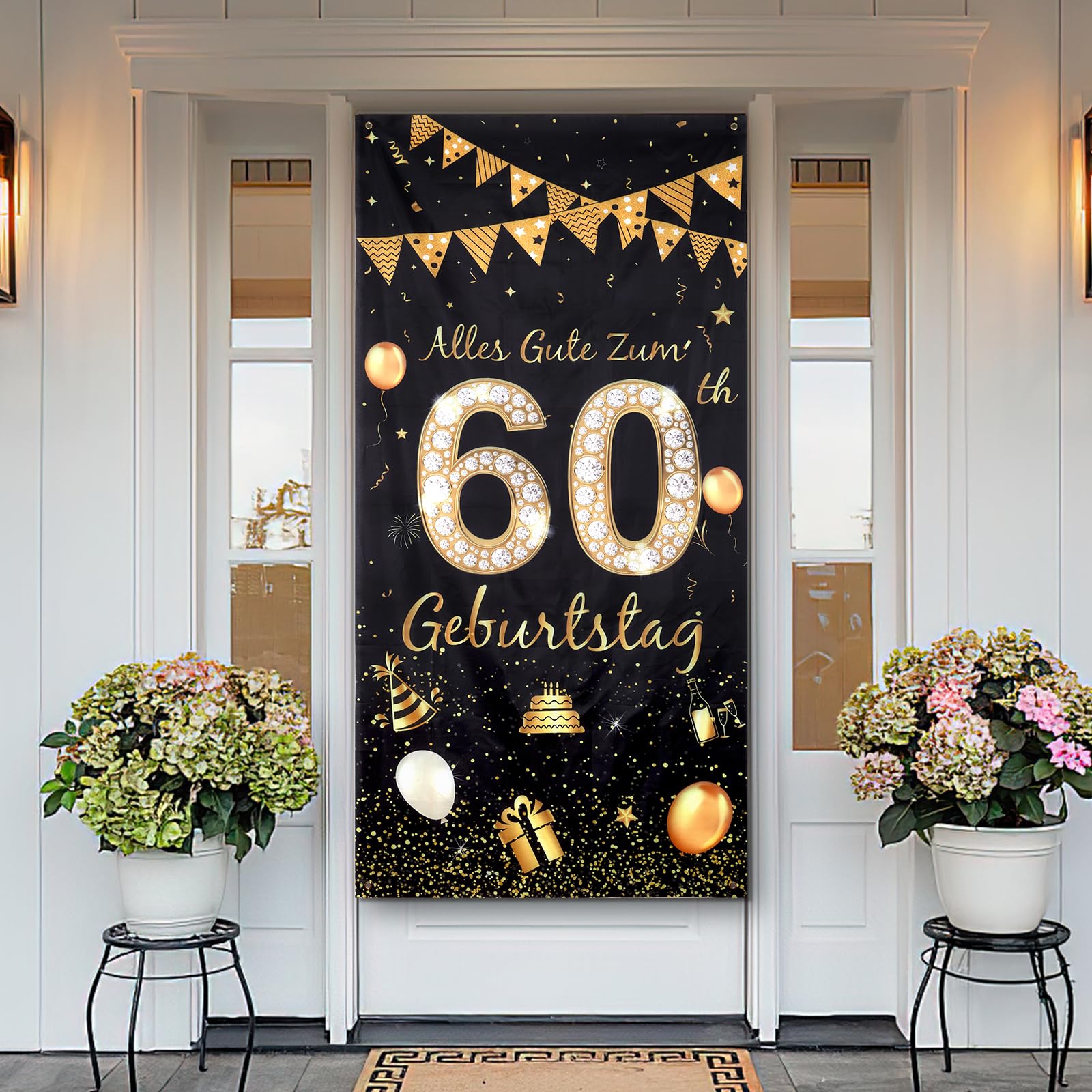 Geburtstagsbanner 60 Jahre, 60. Geburtstag Hintergrund 185 × 90 cm, Schwarz Gold Banner Deko Lange, Alles Gute zum 60th Geburtstag Deko, Tür Banner für Mann Frau 60.Geburtstagsfeier