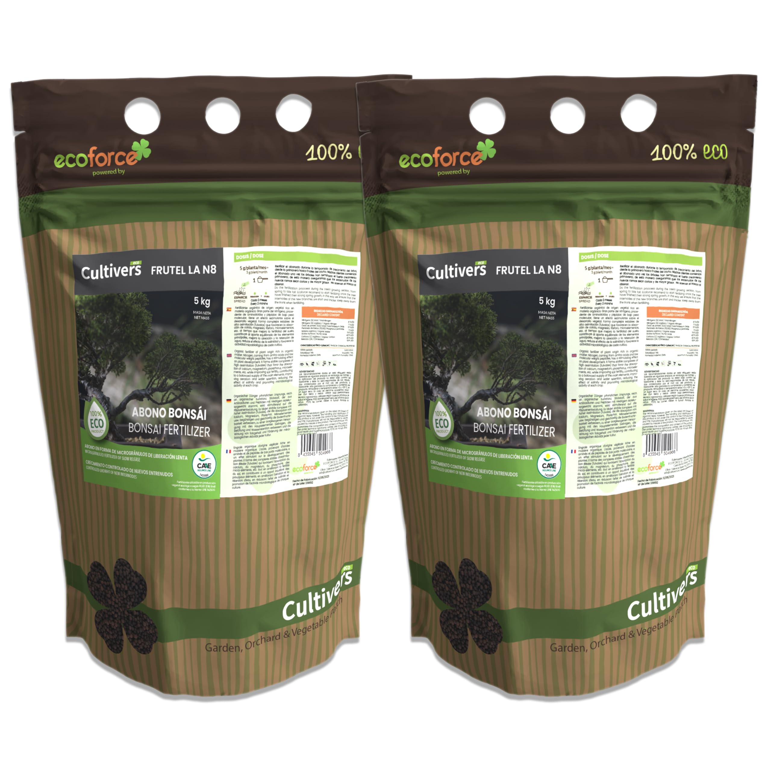 CULTIVERS Abono Bonsái Ecológico 2x5 kg Fertilizante granulado de Origen Vegetal 100% Orgánico y Natural de Liberación Lenta y Controlada con NPK 8-1-5+74% M.O y Ácidos Húmicos Crecimiento Controlado