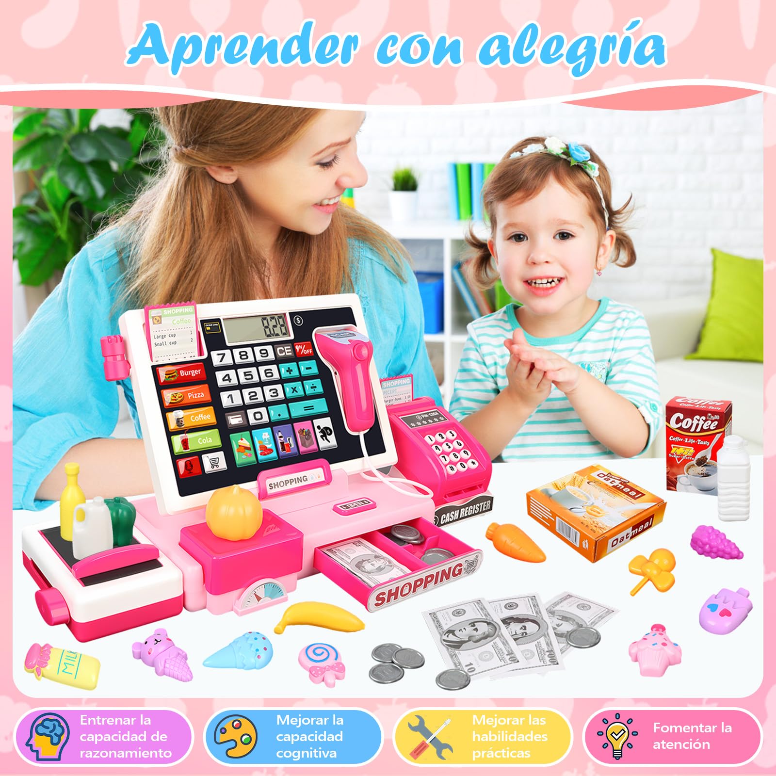 IEEILULU Caja Registradora Juguetes para Niños, Máquina Registradora Kit - con 52 PCS Accesorios(Escáner/Tarjeta de Crédito/ Dinero de Juguete), Caja Supermercado Juguete para NiñAs Niños 3+ Años