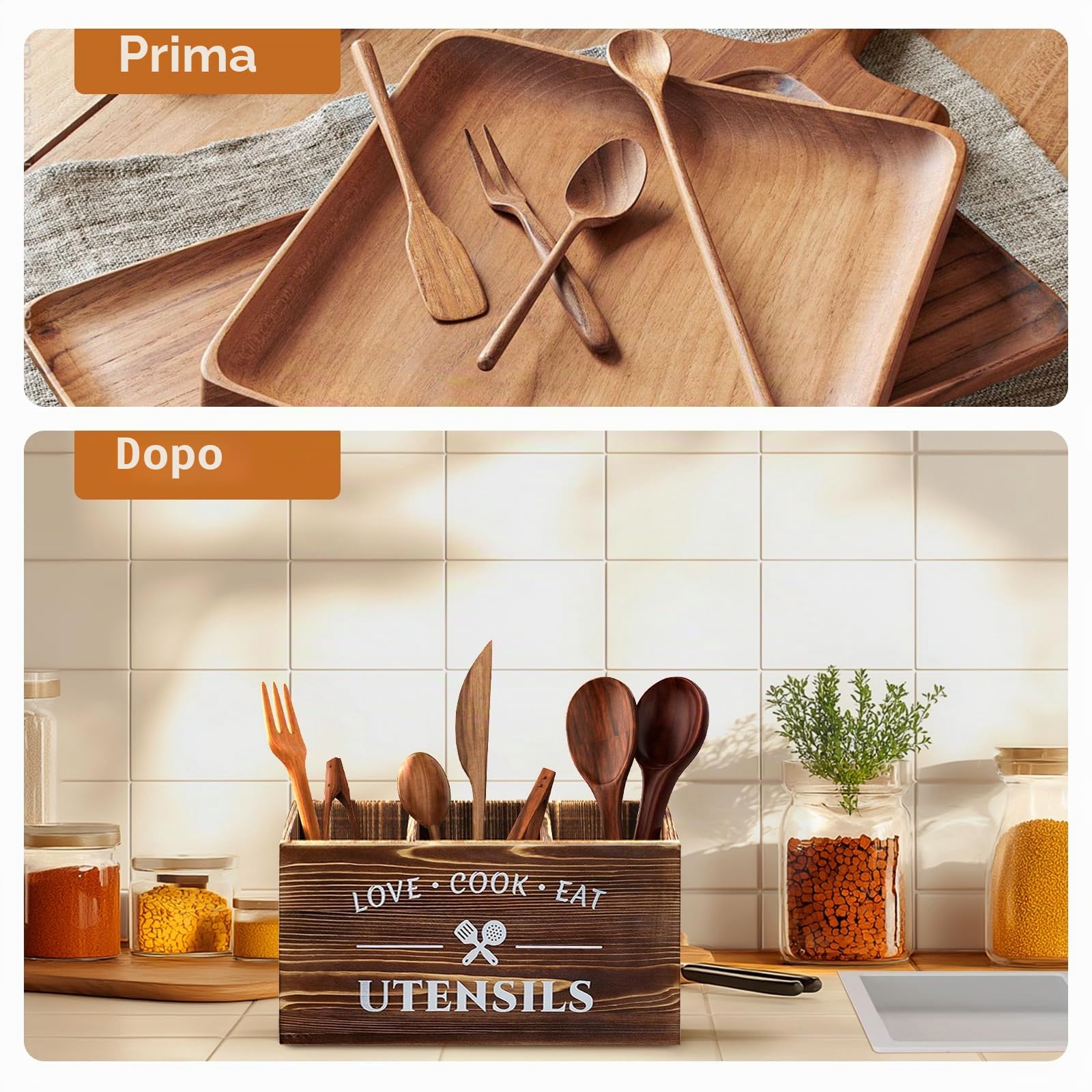 Organizer Da Cucina,3 Scomparti Per Utensili Da Cucina In Legno,Portautensili Da Cucina In Legno,Organizer Per Utensili Da Lavoro, in legno rustico (Marrone)