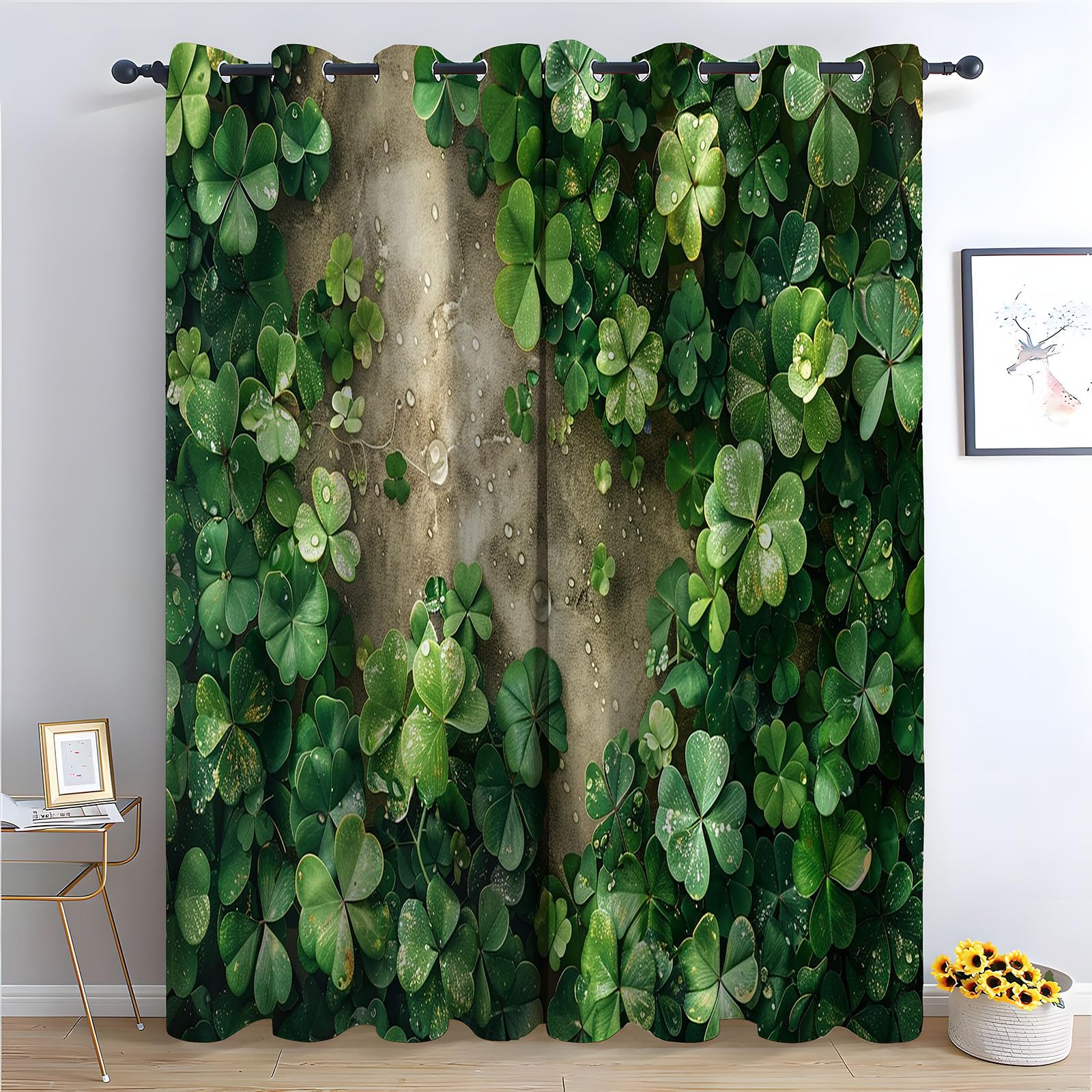 TERUEA Window Drapes Thermal Insulated Curtains for Bedroom, Dense clover field dew drops natural lucky grass Landscape Garden Curtains-52 W x 96" L (Pack of 2)