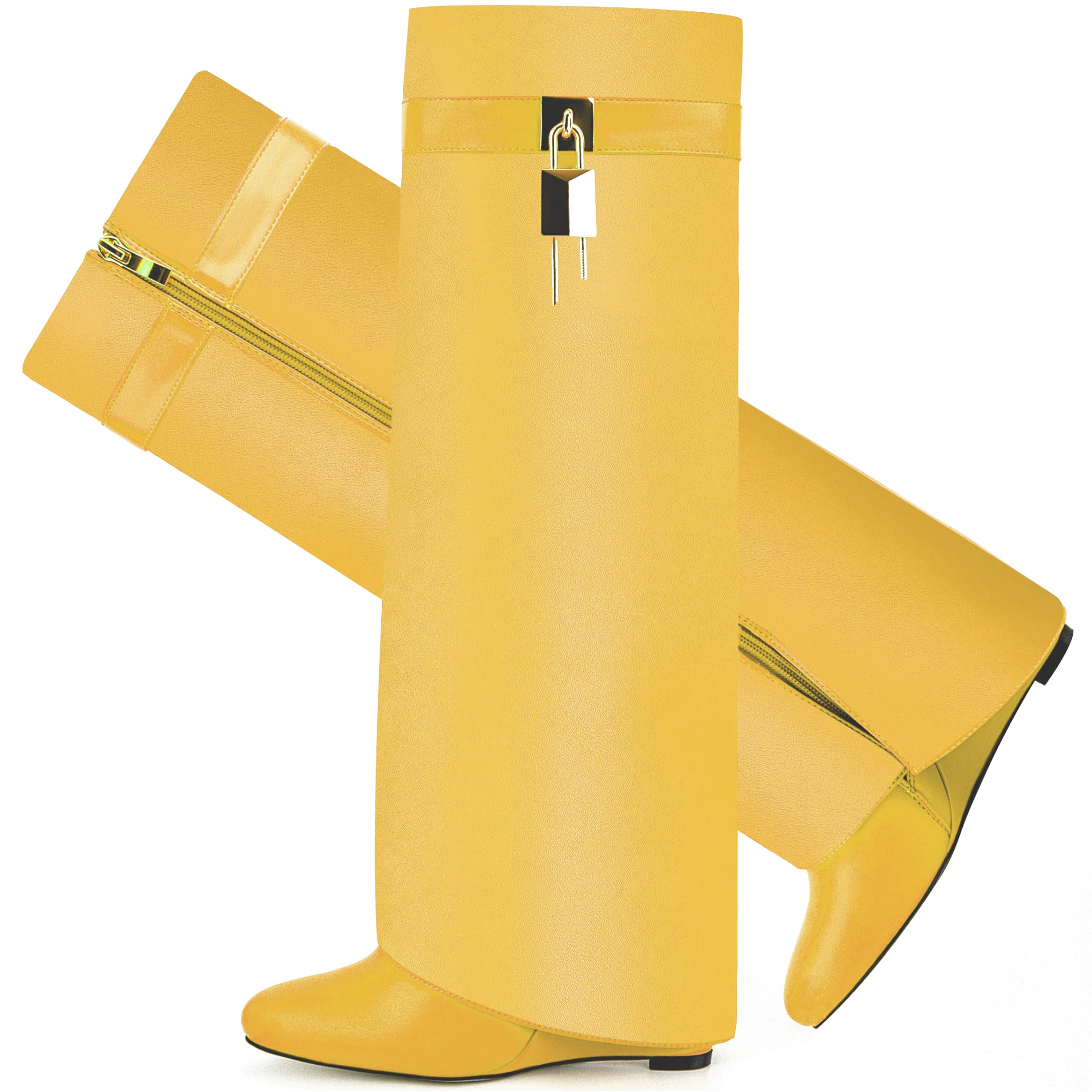 Fold Over Boots for Women Pointy Pull-on Wedge Heel Knee Shark Boot With Side Zipper Padlock Design