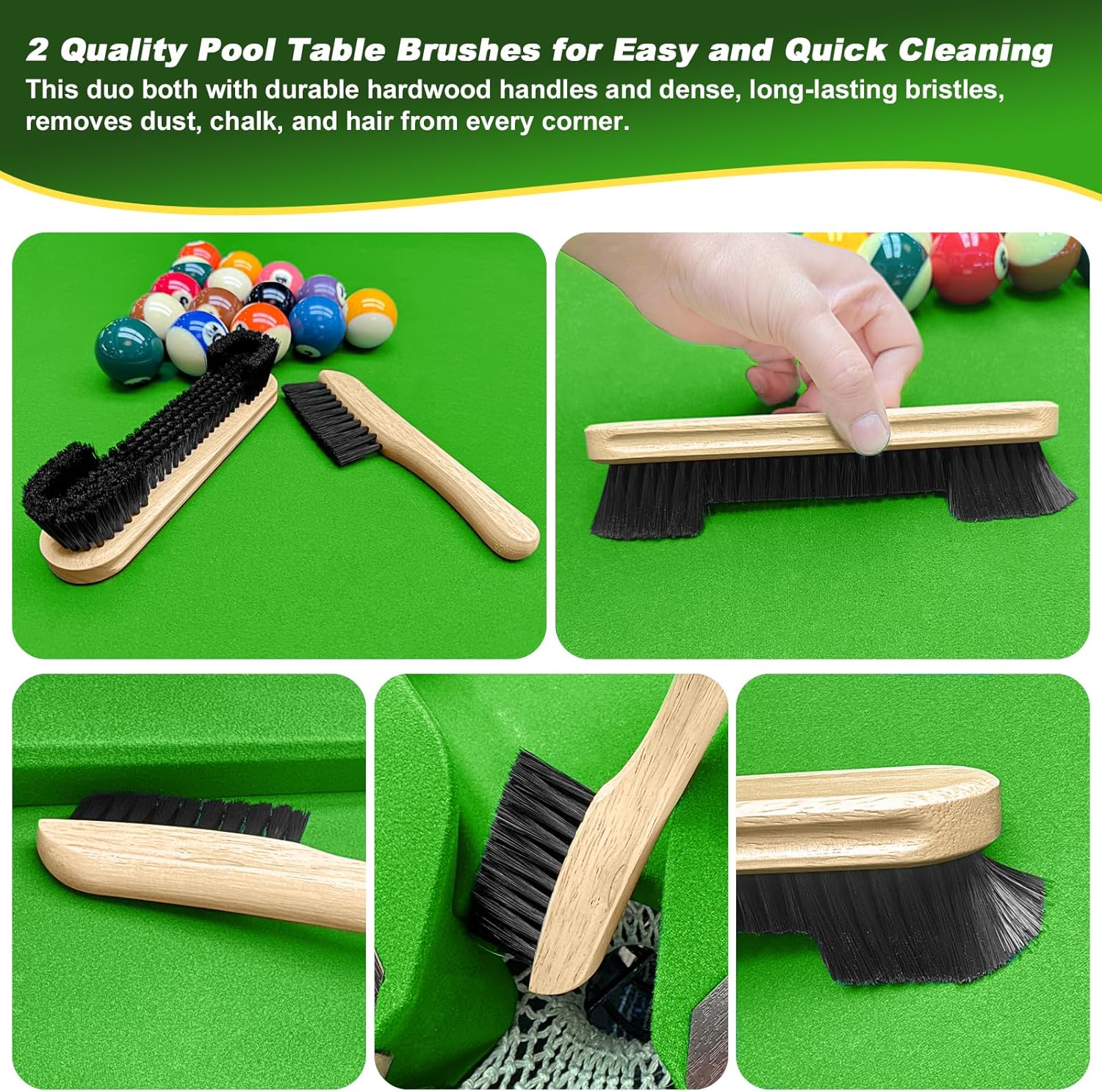 Billiard Pool Table Brushe Kit: 10 Piece Set with 2 Pool Table Brushes,2 Ferrule Polish Cloths,2 Cue Polish and Cleaning Cloths,Lint Roller,Dustpan and Broom,15 Marker Dots,15 Felt Repair Patches