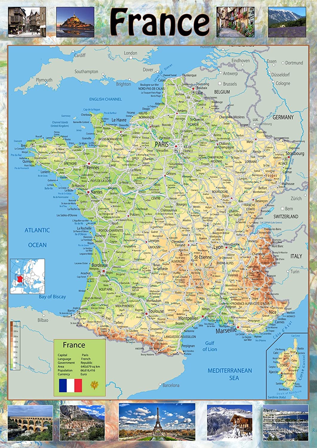 Pictorial Map of France - Size A1-59.4 x 84.1cm - Paper Laminated