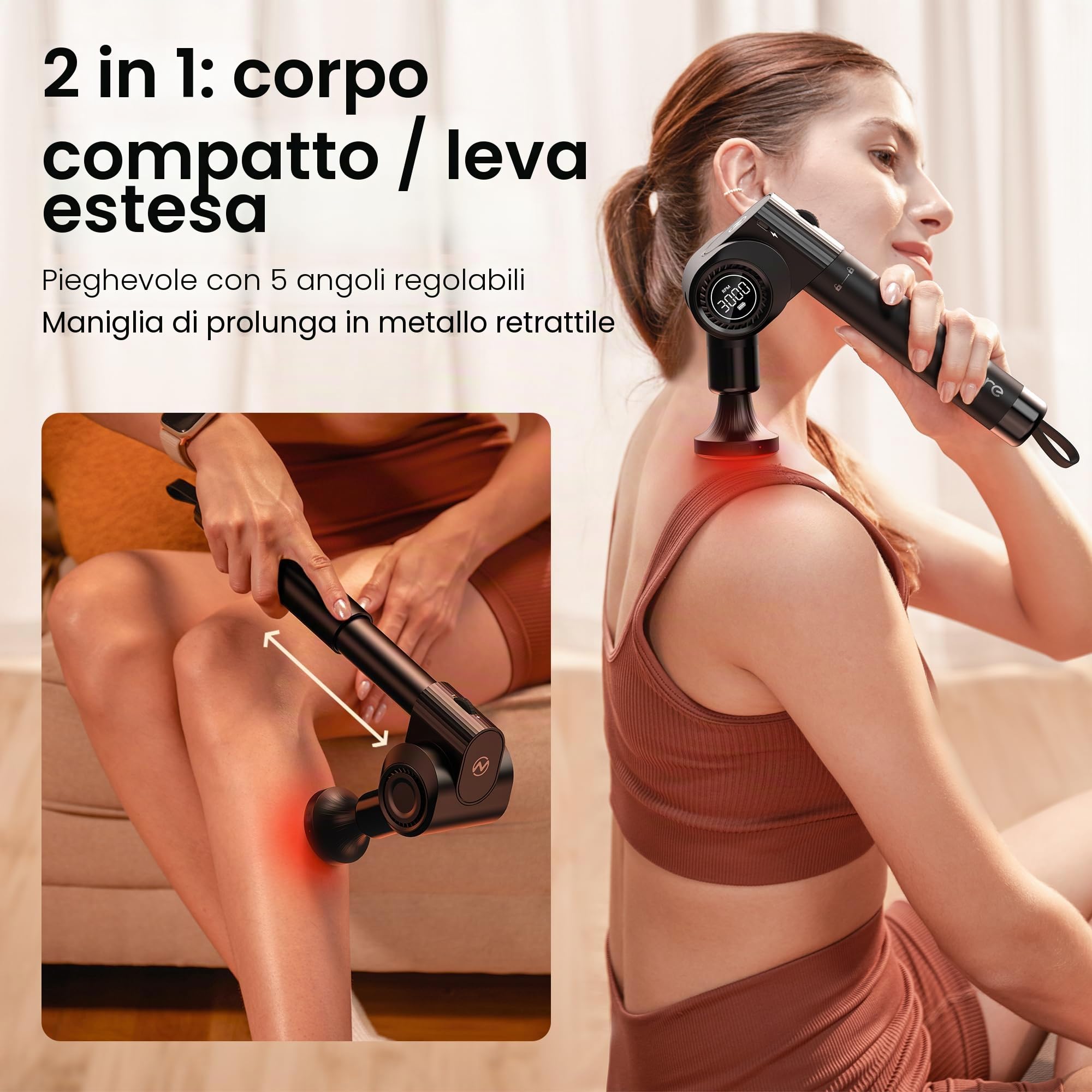 Pistola massaggiatrice con funzione riscaldamento e fototerapia rossa,Massage Gun Pistola Massaggiatrice con prolunga, Massaggiatore a percussione per relax di spalle/corpo/schiena,32 velocità