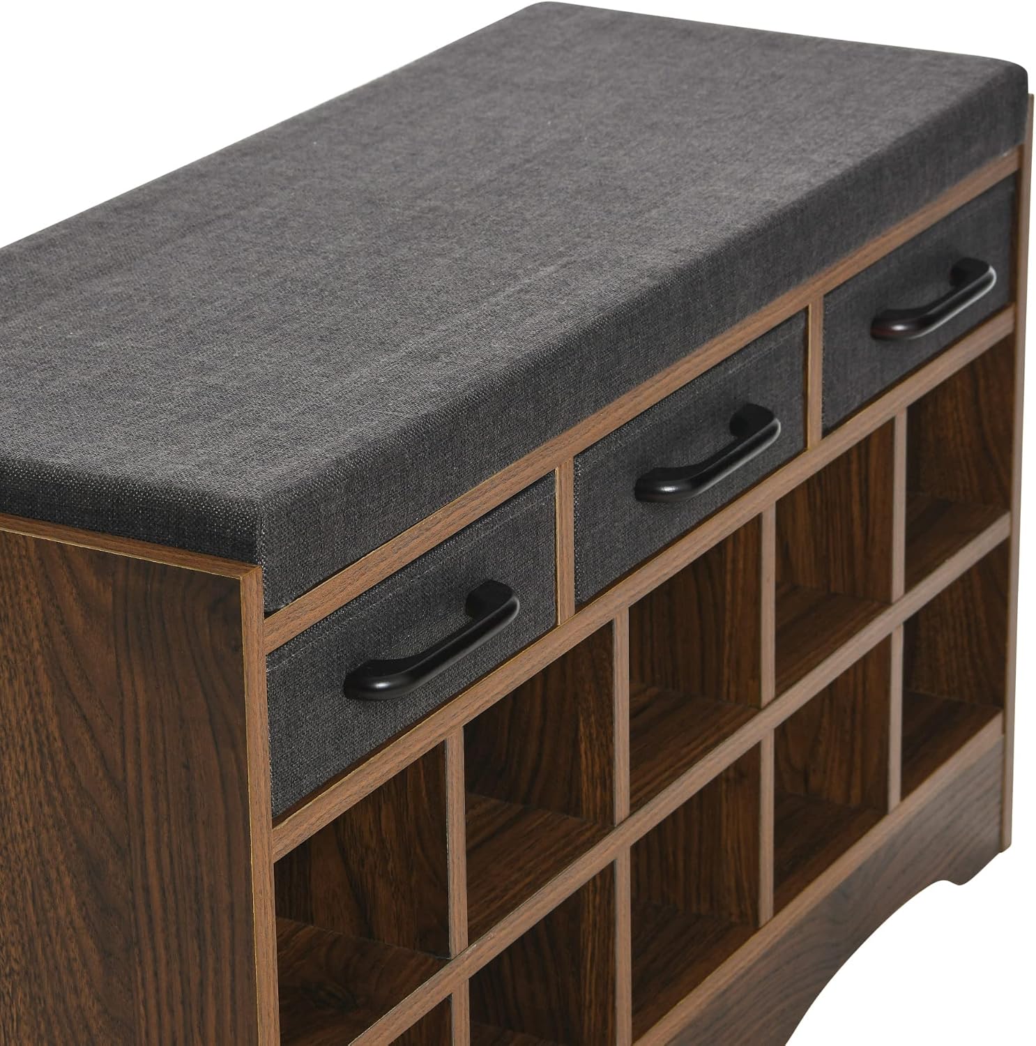 Household Essentials Entryway Storage Bench with 3 Dark Grey Drawers 10 Shoe Compartments and Cushioned Seat in Mid Century Walnut Wood Grain