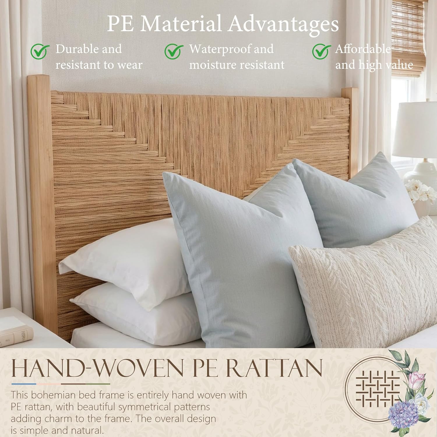 Yechen Solid Wood Rattan Queen Bed Frame with Tall Headboard and Footboard, Mid Century Modern Hand-Woven Rattan Bedframe with Vintage Pattern, Boho Wooden Bed with Metal Slats, No Box Spring Needed - Image 4