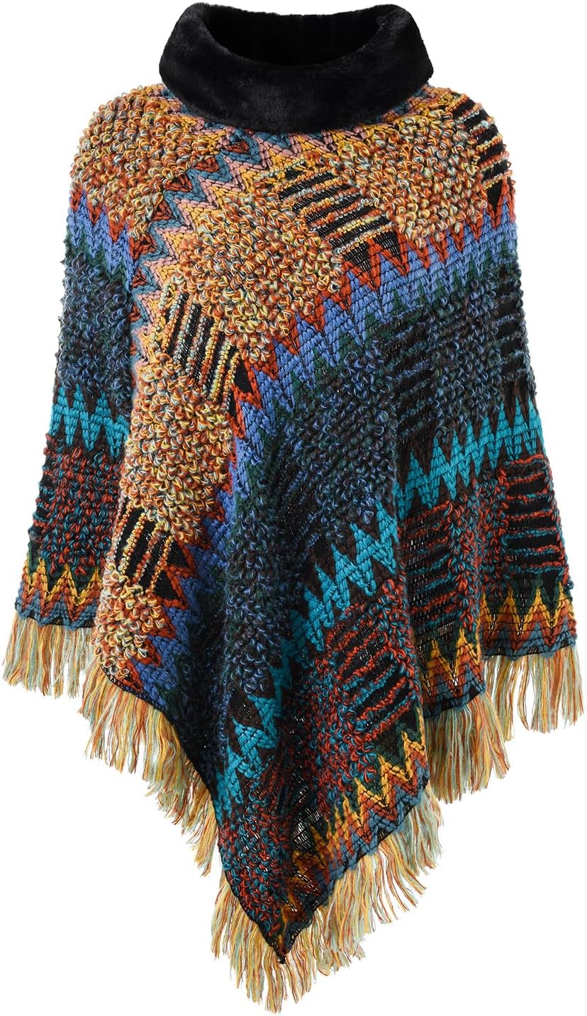 Ferand Women's Cozy Boho Turtleneck Poncho Sweater with Fringe Stylish Chevron Design for Winter