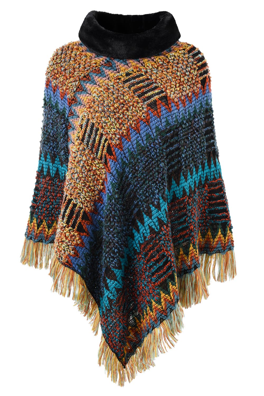 Ferand Womens Cozy Boho Turtleneck Poncho Sweater with Fringe Stylish Chevron Design for Winter