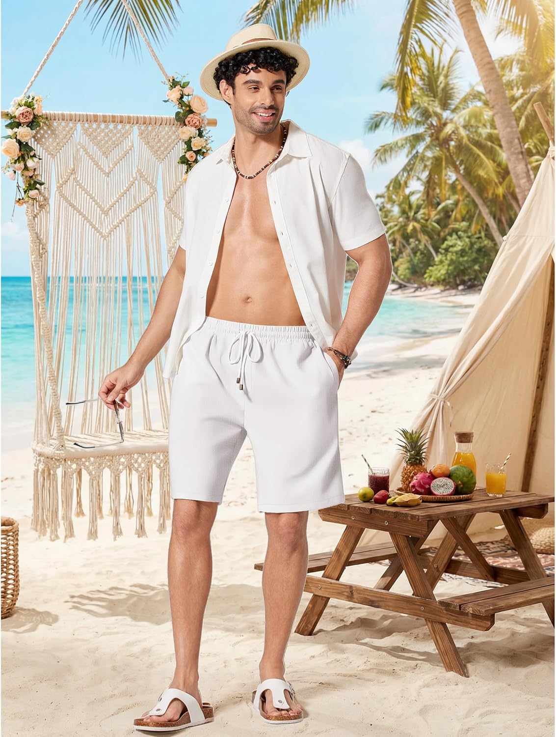 COOFANDY Men's Linen Shorts 9" Casual Summer Beach Shorts Elastic Waist Drawstring Vacation Short with Pockets - Image 3