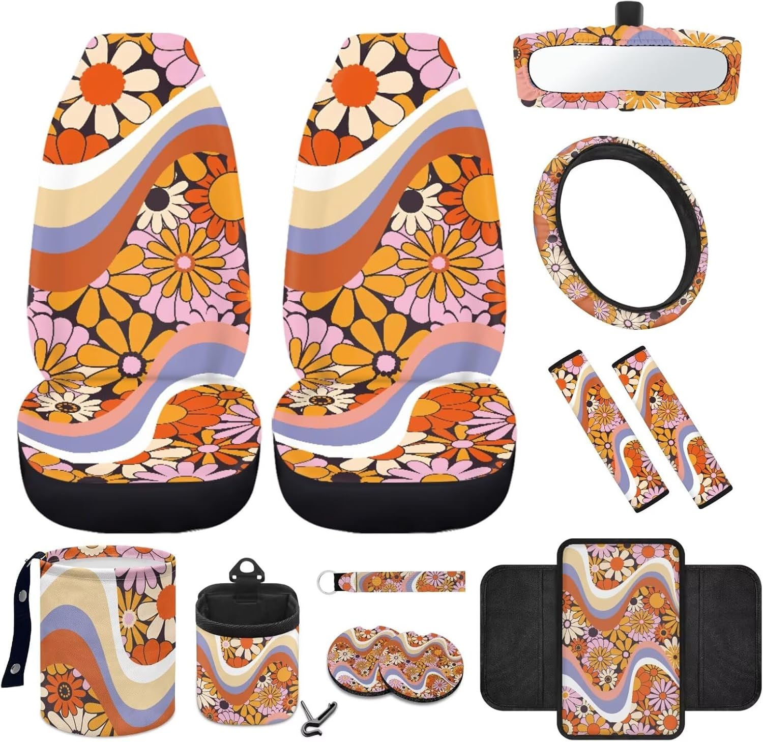 XYZCANDO Rainbow Frolic Flowers Auto Steering Wheel Covers Belt Coasters with Cutout Storage Box Key Chain Seat Cover Set Rear View Mirror Cover Garbage Bag Seat Armrest Cover Pad Washable 12 Sets