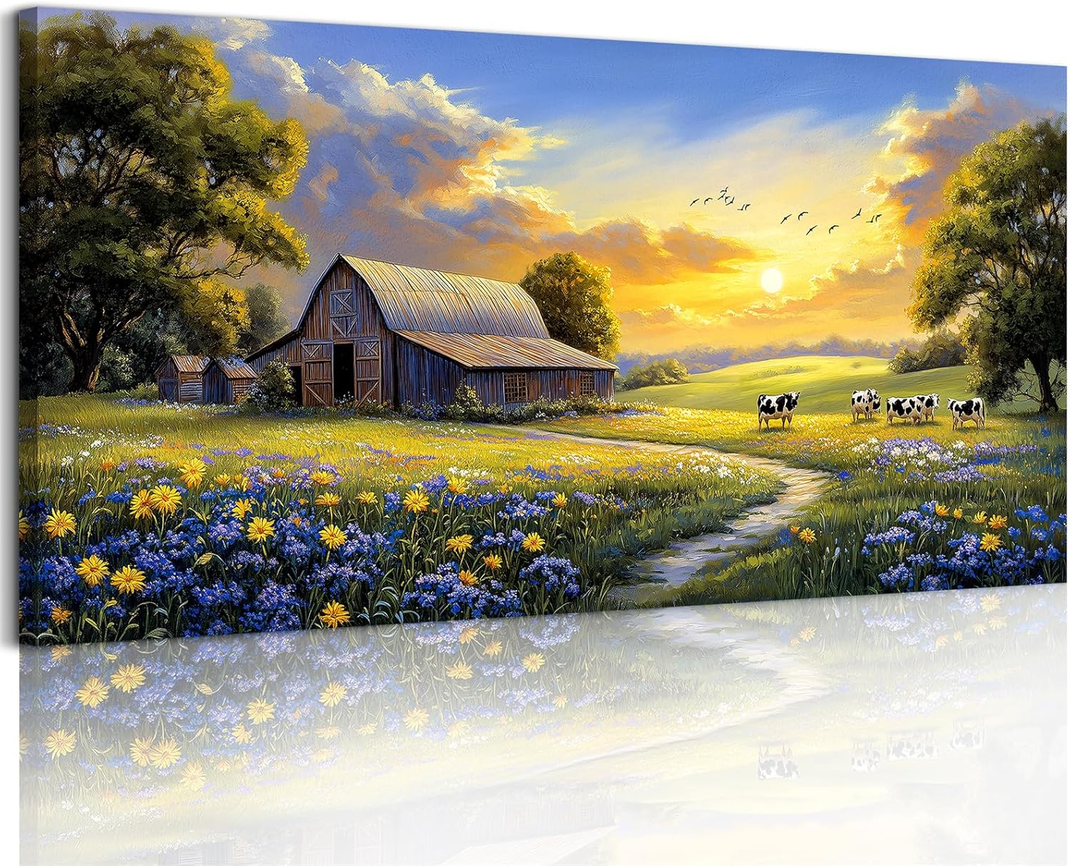 crmotu Nature Sunset Wall Art, Pastoral Extra Large Landscape Painting, River Meadow Wildflower Canvas Prints, Rustic Wall Pictures for Living Room Dining Room Farmhouse Decor Ready to Hang 29X57 In