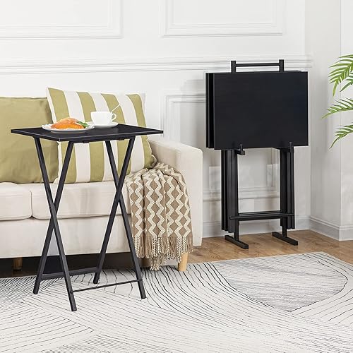 Miniatura 5 de HOOBRO Mesas plegables para TV, juego de 4 bandejas de TV con estante de almacenamiento, mesa auxiliar industrial para comer en el sofá, mesa