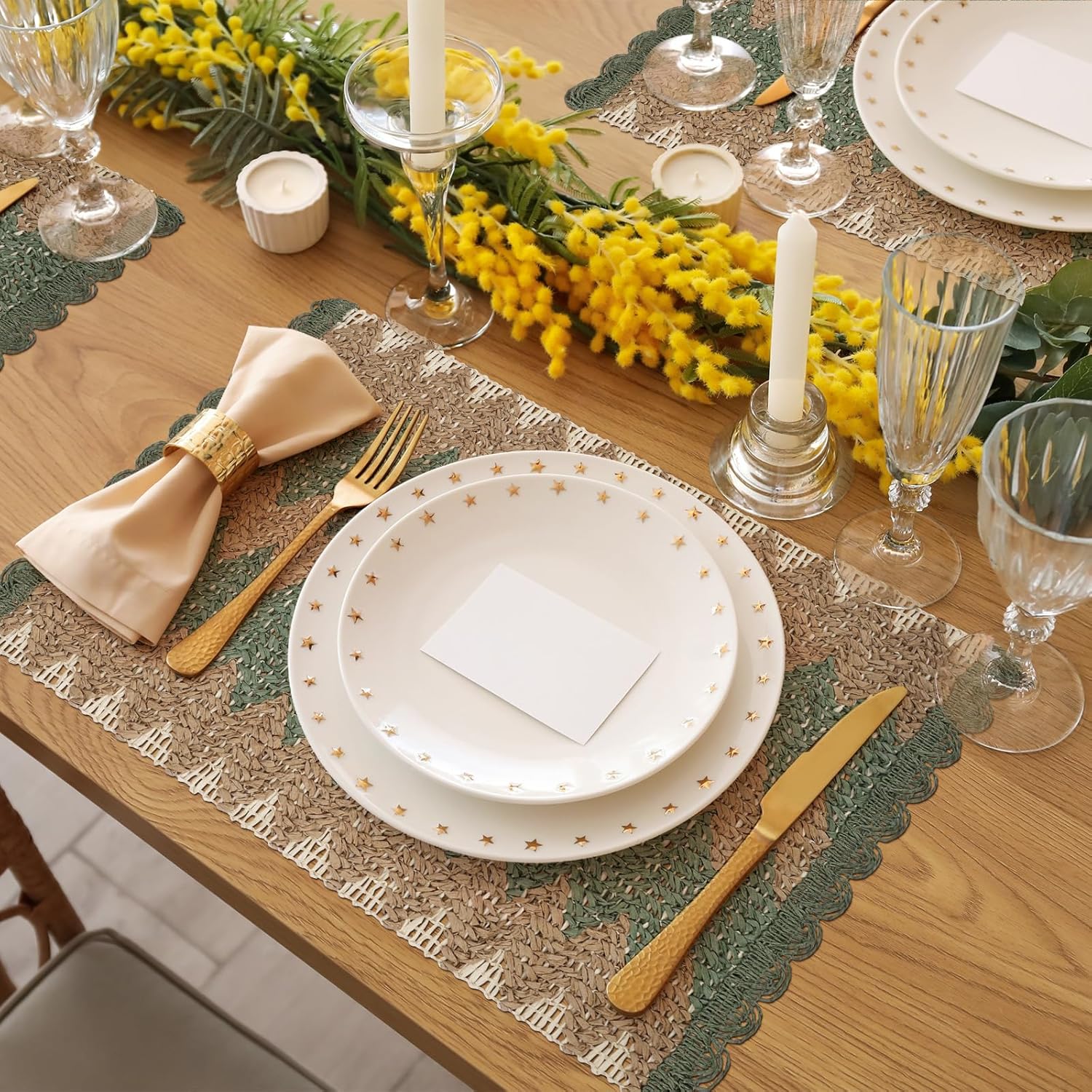 fanquare Green Rectangle Braided Placemats Set of 6, 12" x 18" Boho Woven Table Mats Scalloped Non-Slip Paper Mat for Dining Kitchen Decor