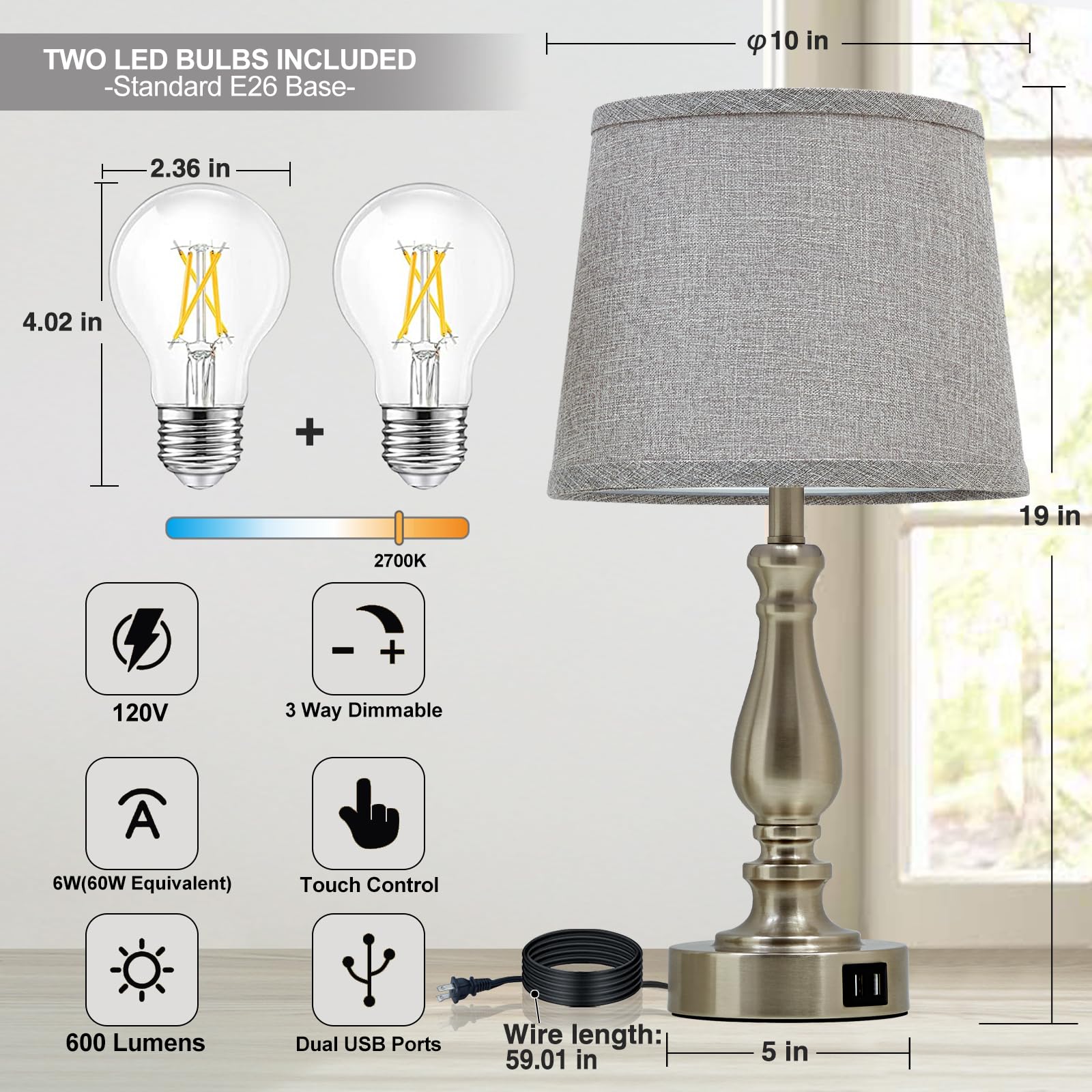 EJIAXIN Nachttisch Tischlampen für Schlafzimmer 2er Set, Touch Nachttischlampen mit Dual USB-Anschlüssen, 3 Wege Dimmbar Schlafzimmerlampen für Beistelltische, Moderne Nachttischlampen für Wohnzimmer