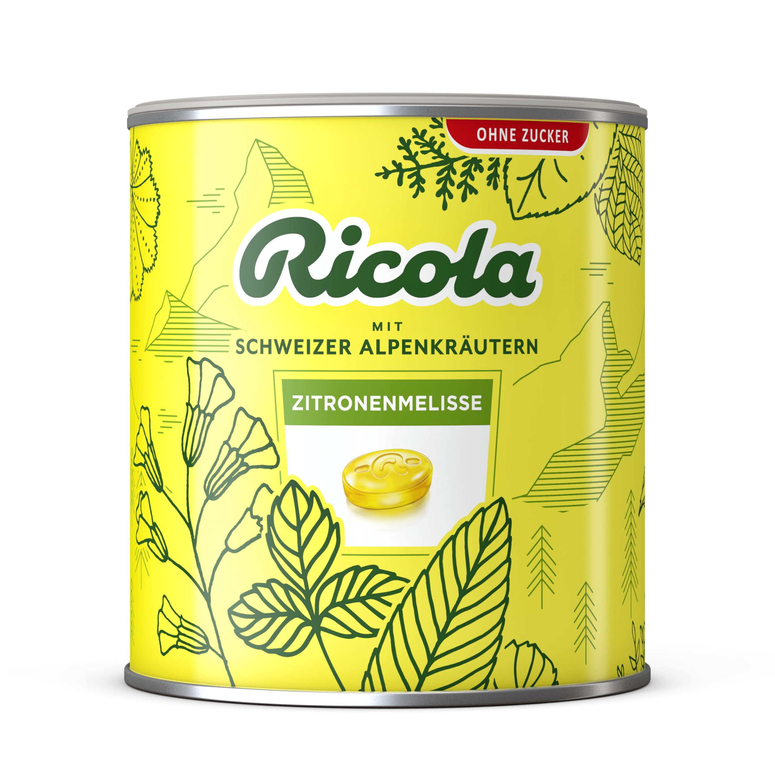 Ricola Riesendose Zitronenmelisse, 277 Original Schweizer Kräuter-Bonbons in der Design-Dose, geeignet als Vorrat & Geschenk, zuckerfrei, 1x1kg, vegan
