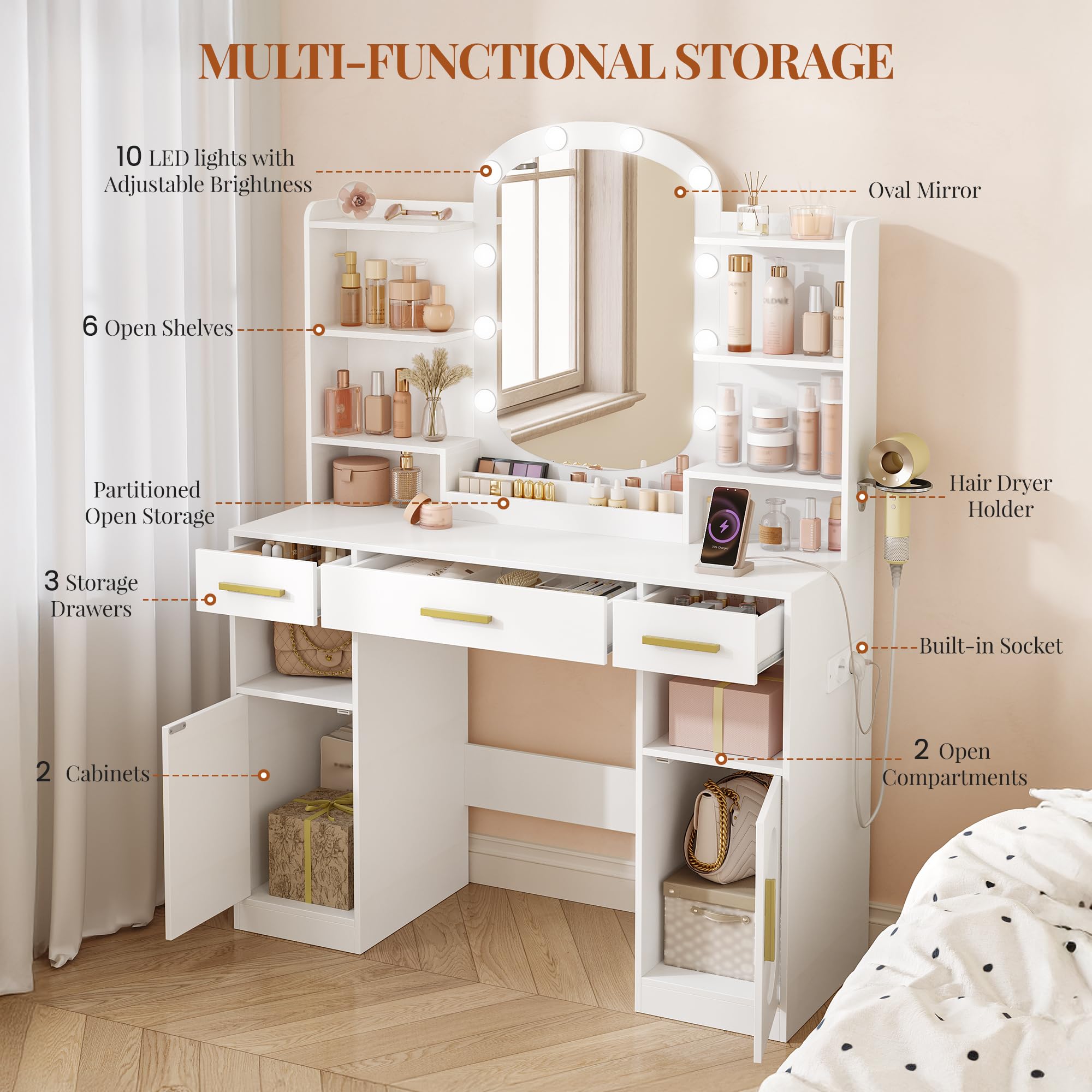 HEXCELEN 108cm Toeletta Trucco con Specchio Ovale, Bianco