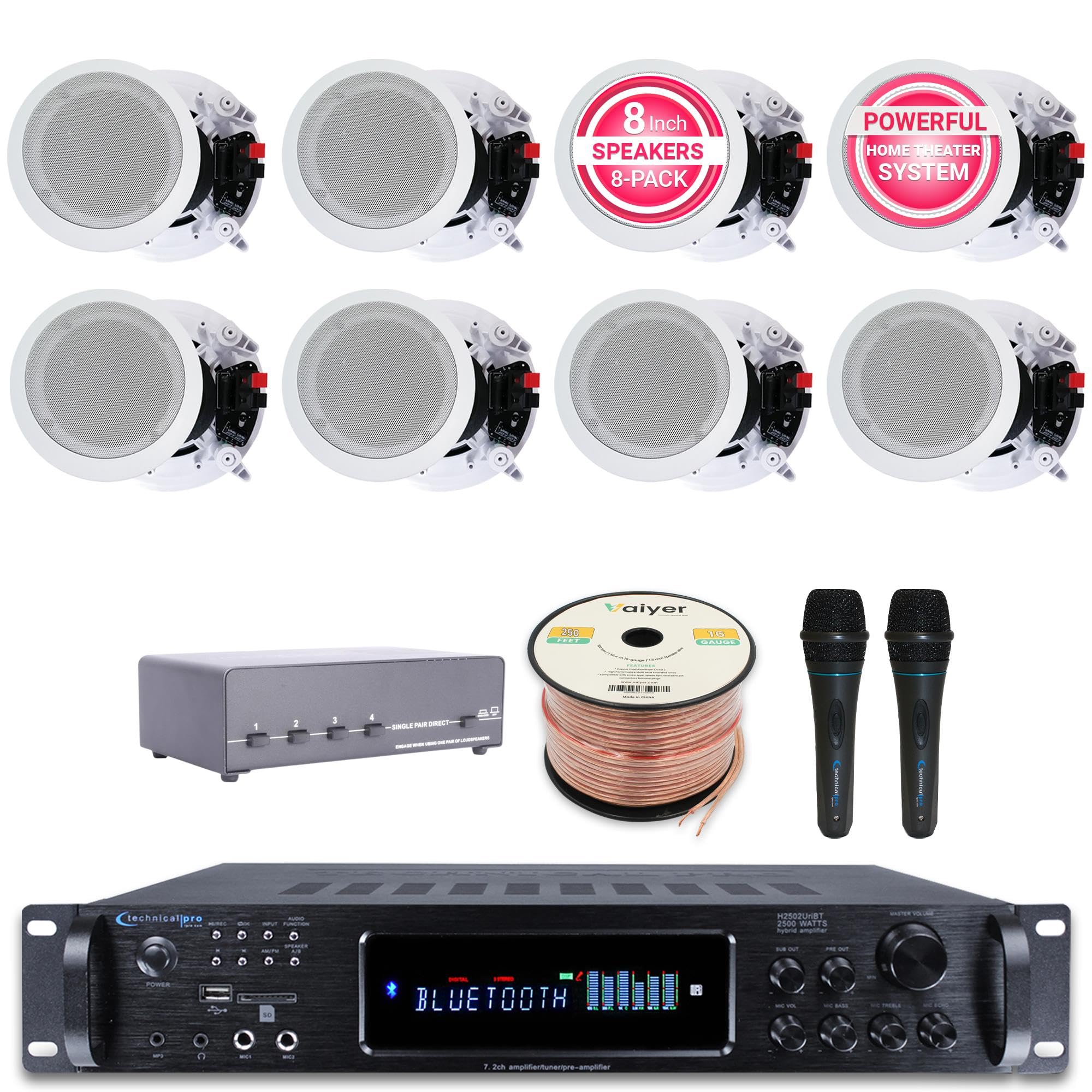 Vaiyer Home Stereo System Kit - 7.2 Channel 1500W Bluetooth Amplifier w/ 8 Qty of 6.5" Ceiling Speakers 200W Each, 4-Ch Speaker Selector, 2 Qty of Mic, 250 ft Speaker Wire &amp; Remote