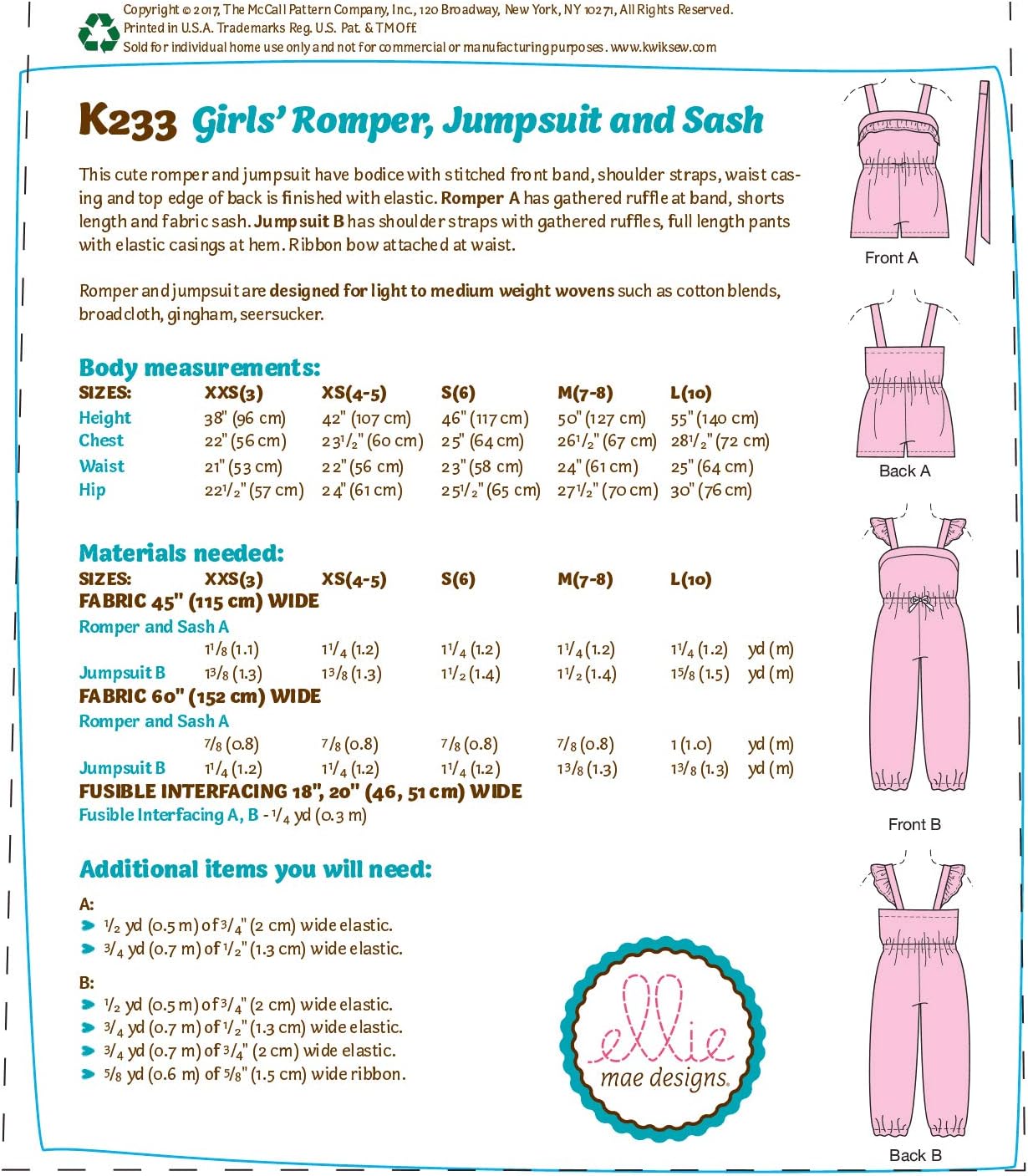McCall's Girls' Ruffled Jumpsuit
