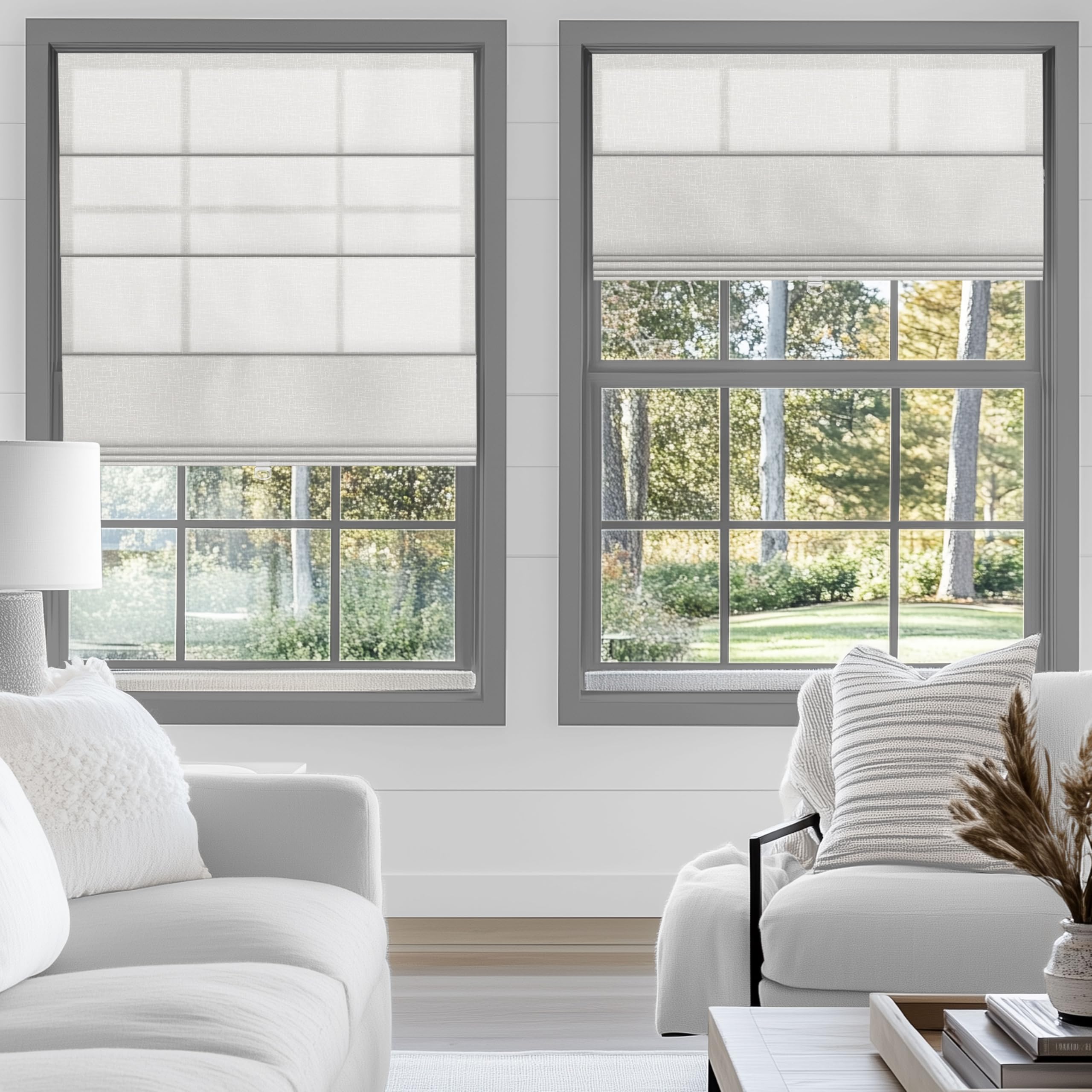 Sulugood Cordless Roman Shades for Windows Light Filtering, Treatment Insulated Window Shades for Home Living Room Bedroom, (Light Filtering White 36