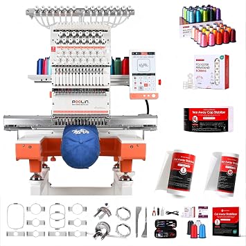 Poolin EOX 15-Needle Commercial Embroidery Machine | Pro Production Bundle Includes 60-Color Thread Kit, 144 Pre-Wound Bobbins, Cut Away & Wash Away Stabilizers