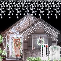 Vista 11 de Luces de cortina de hadas para jardín, luces de carámbano, 102 LED con batería para exteriores, con mando a distancia y temporizador, cable verde