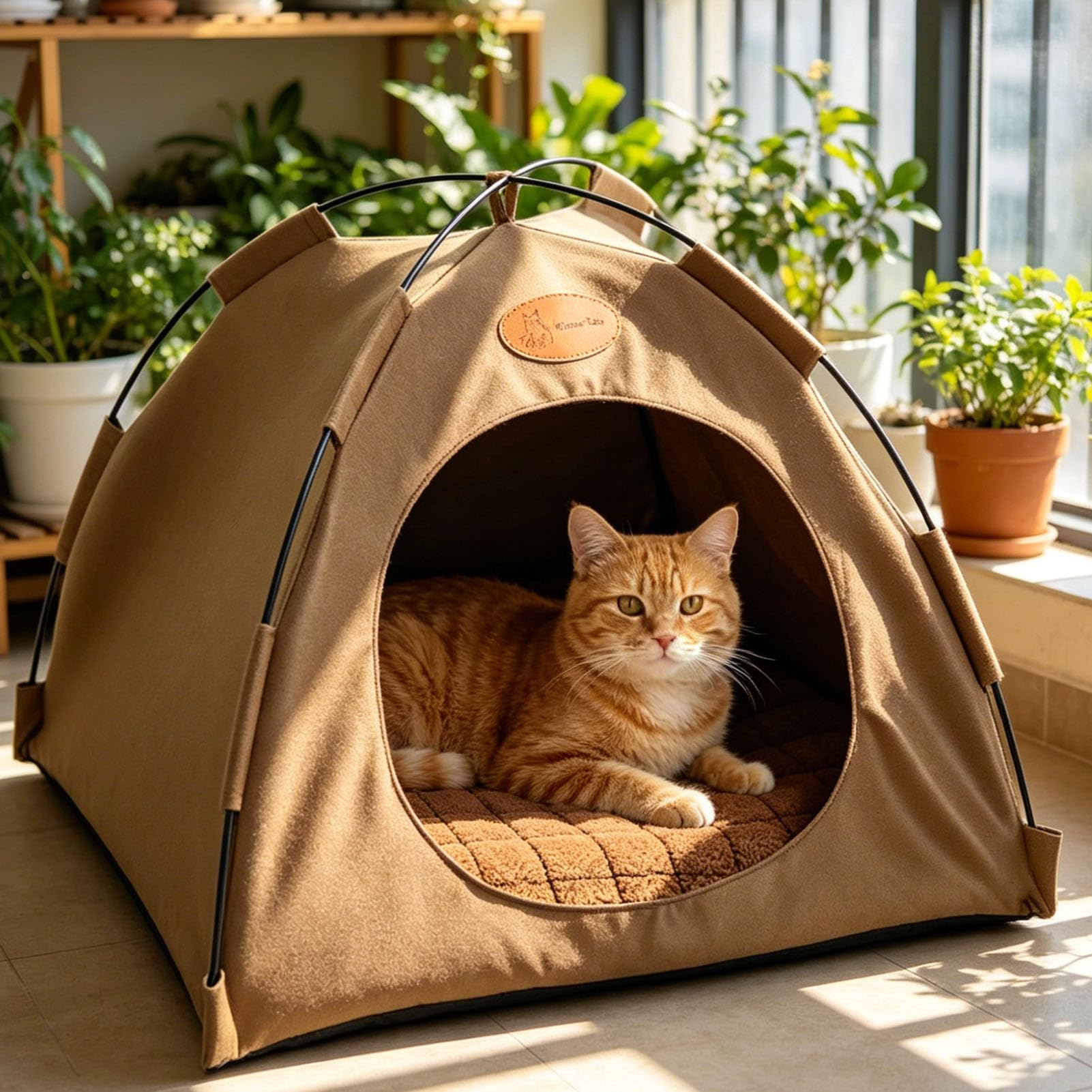 AMONIDA Tenda per Gatti, Letto Accogliente Dal Design Traspirante e Portatile per Uso Interno Ed Esterno, Materiale in Tela (Caffè con Mat)