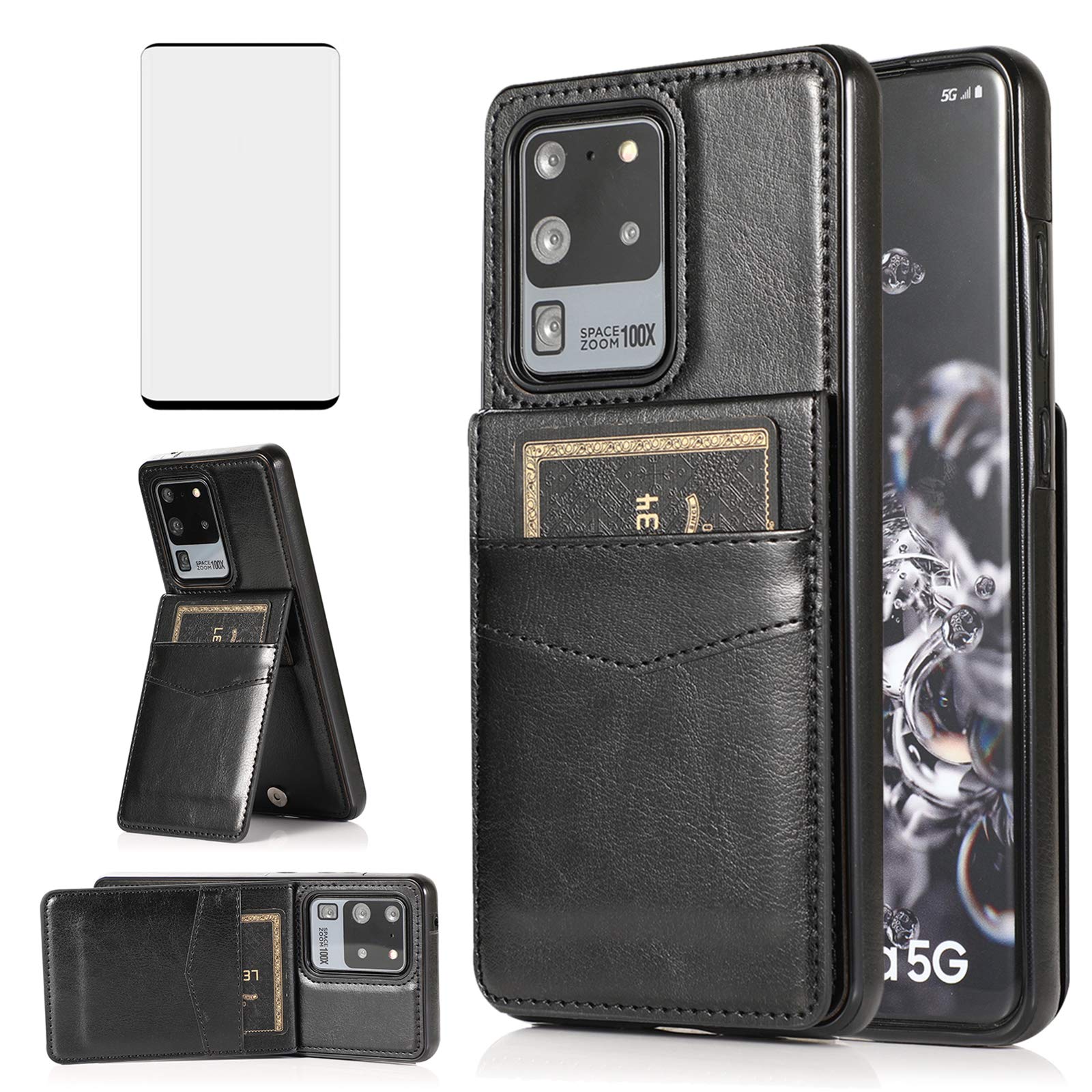 Phone Case for Samsung Galaxy S20 Ultra Glaxay S20ultra 5G with Tempered Glass Screen Protector Credit Card Holder Wallet Cover Stand Leather Cell